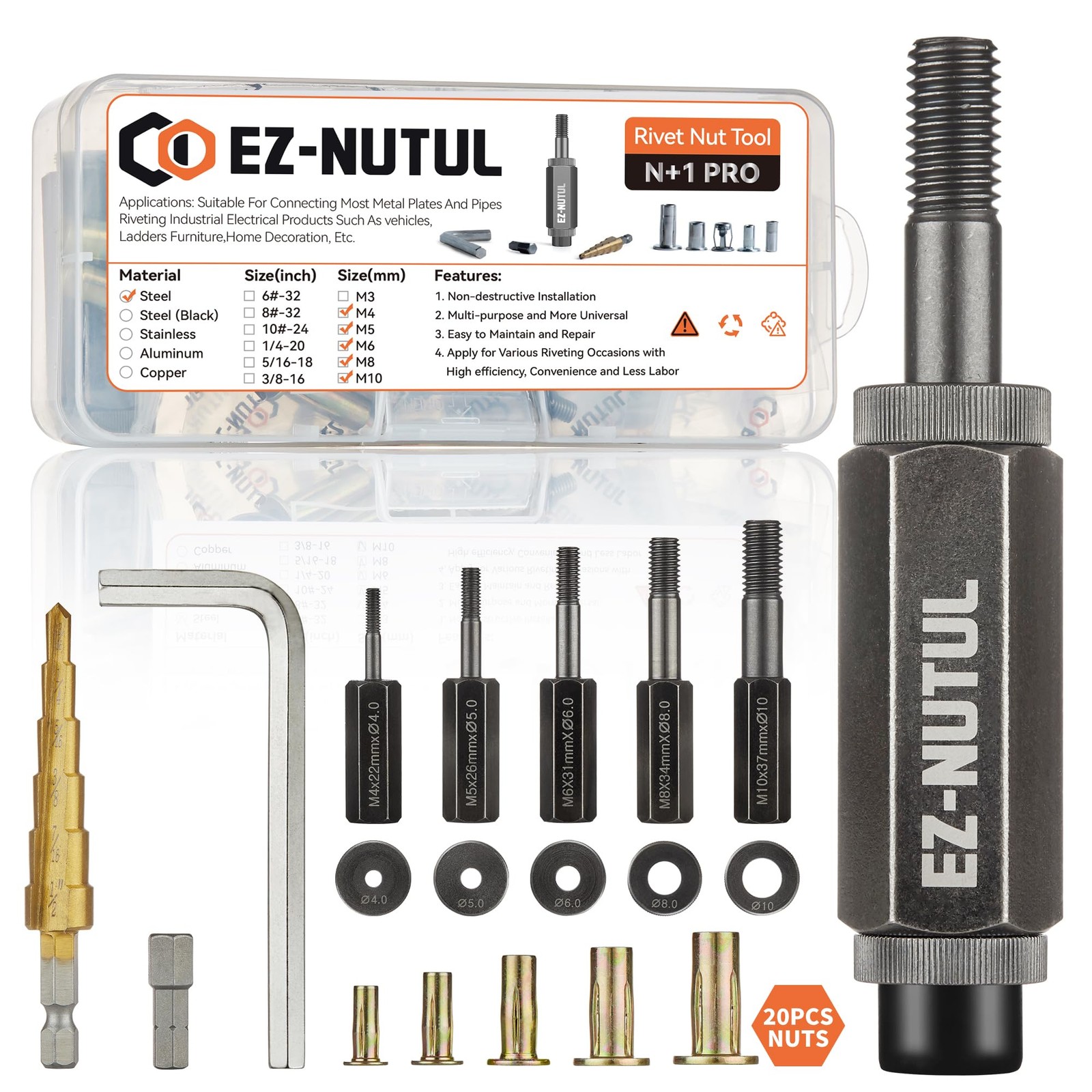 Multi-Grip Rivet Nut Installation Tool Set Pre-Bulbed Shank Flat Head Threaded I
