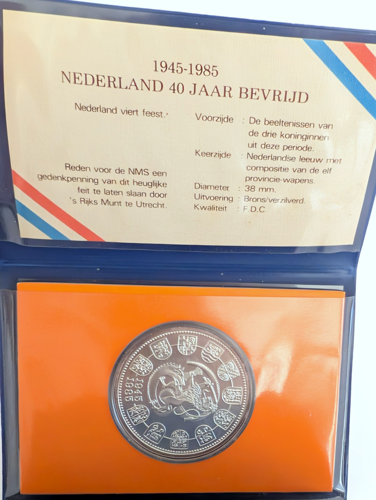 1945-1985 Netherlands 40 Years of Liberation WWII UNC Medal 38mm 22g