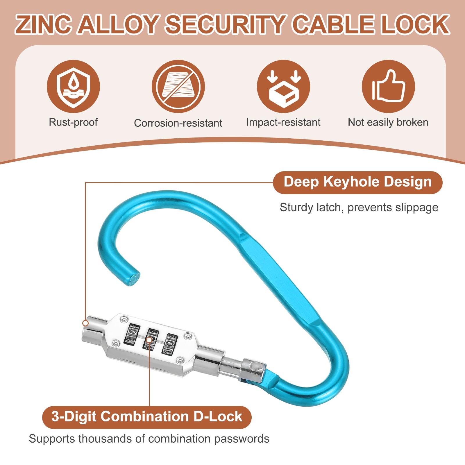 3.8" x 1.8" D-Shaped 3-Digit Code Combination Lock D-Ring Clip, Light Blue