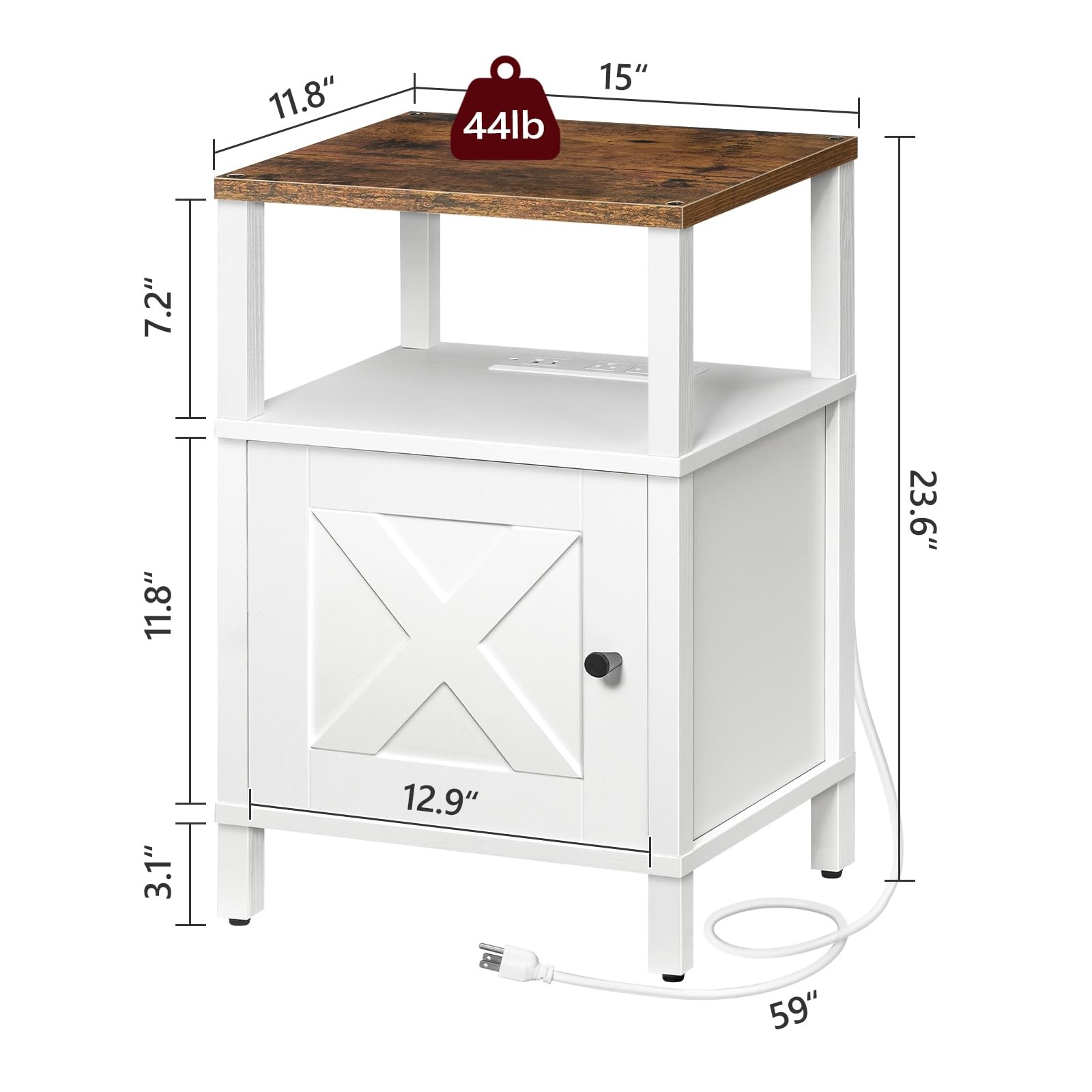 MAHANCRIS Farmhouse Nightstand 15"L x 11.8"W x 23.6"H, Rustic Brown, White