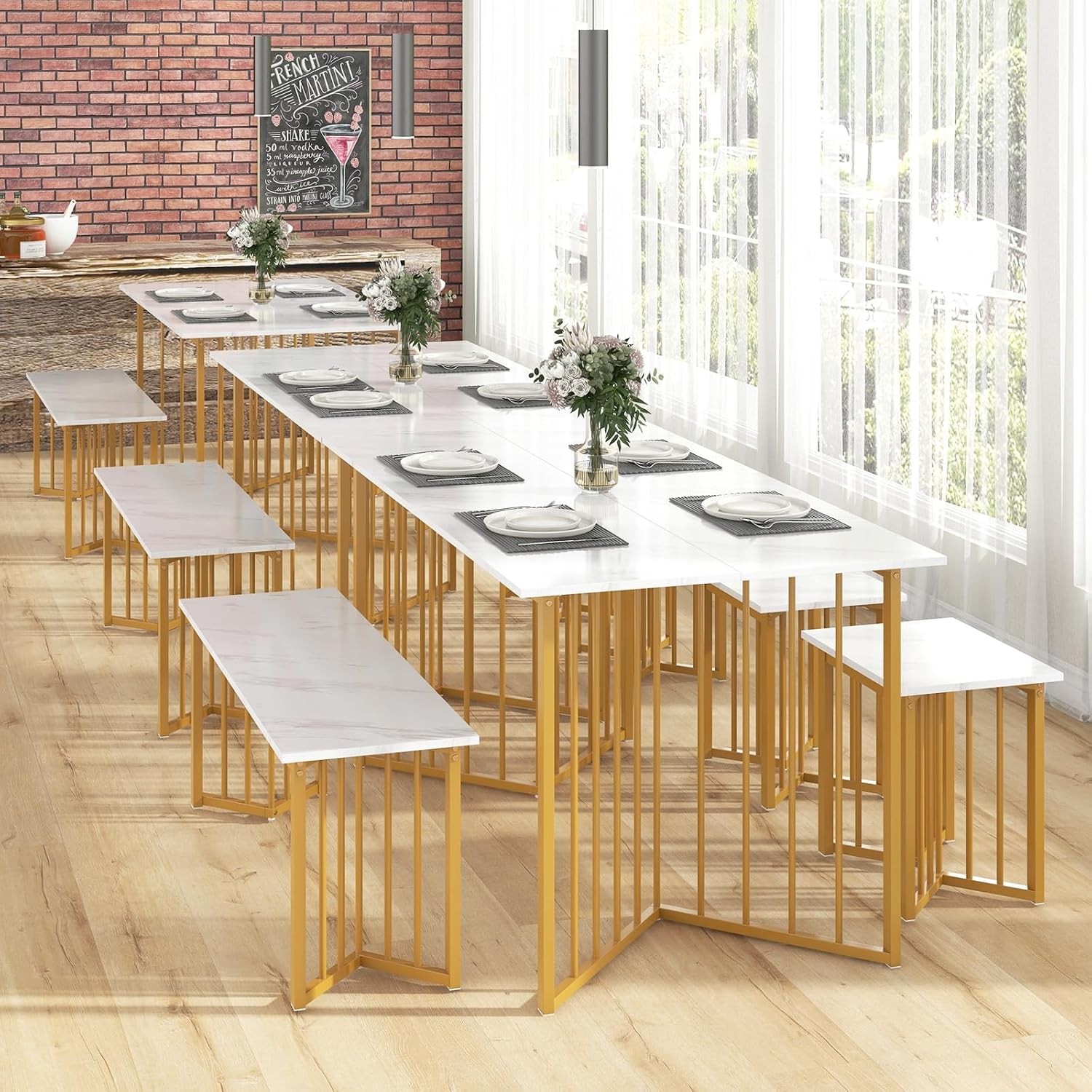 4-Piece Dining Table Set 4 Kitchen Table Chairs Set W/ Bench & 2 Stools