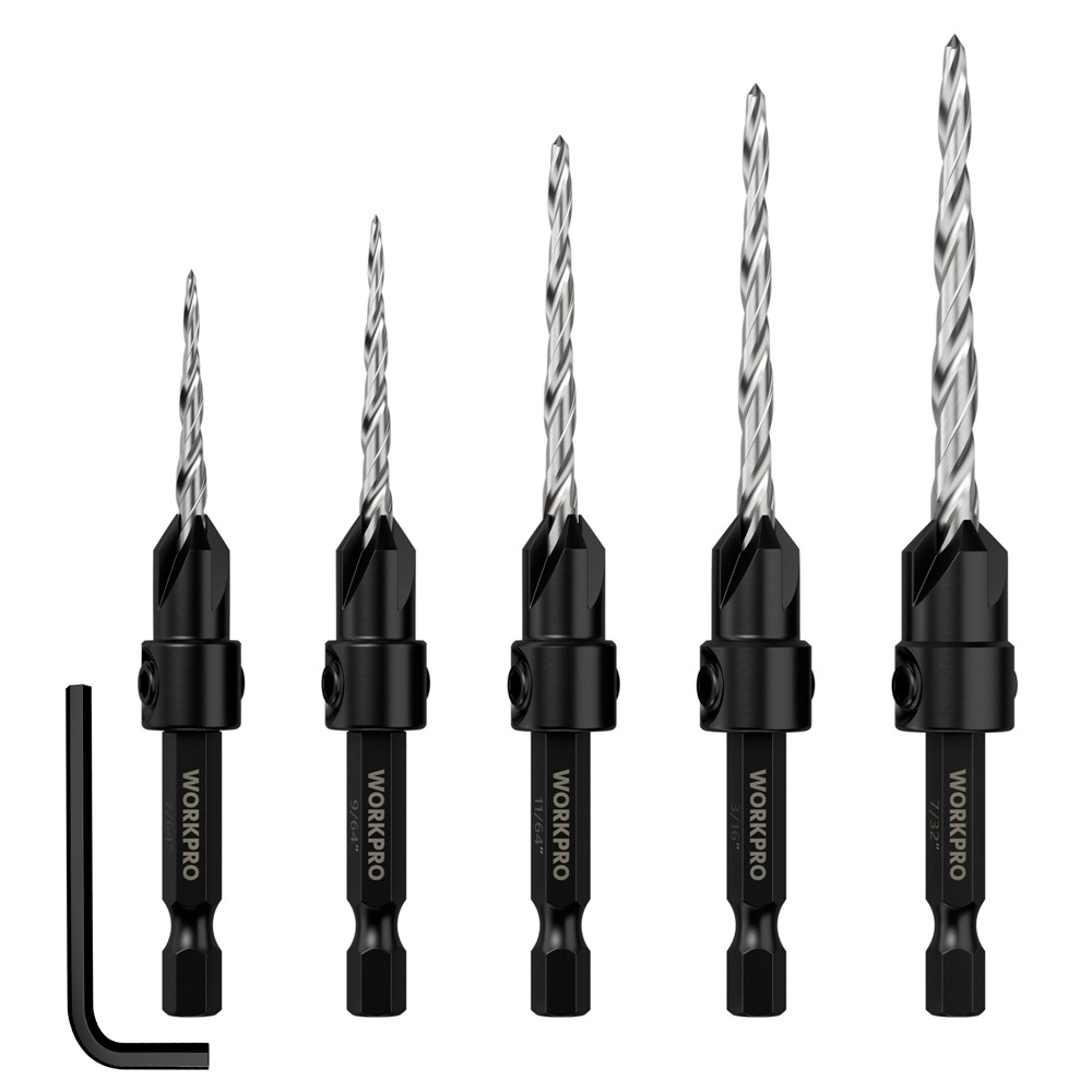 WORKPRO 5PC HSS Countersink Drill Bit M2 4Flute Woodworking Pilot Screw Hole Set