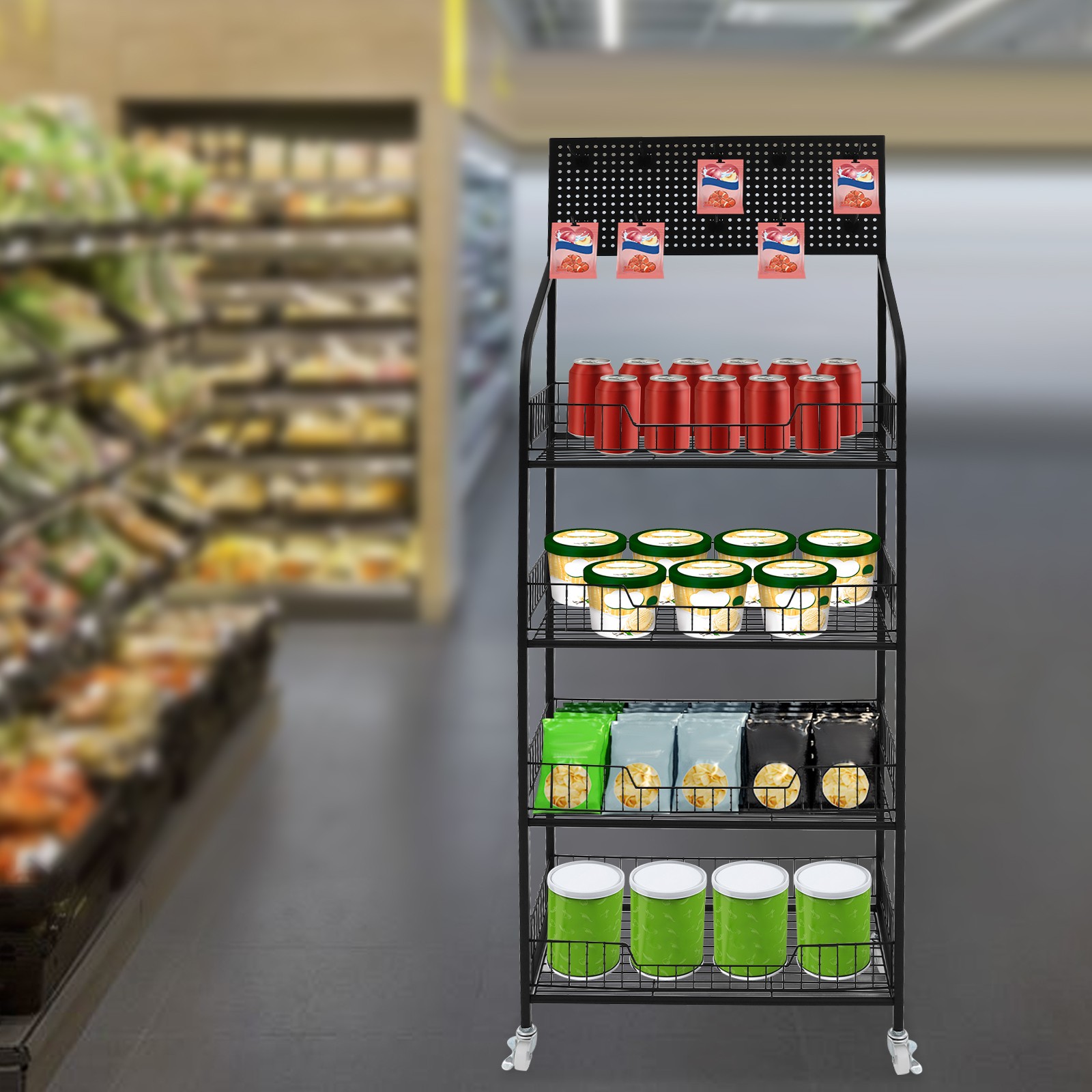 Rolling Retail Display Rack 4 Tier Black Store Merchandise Shelf Unit