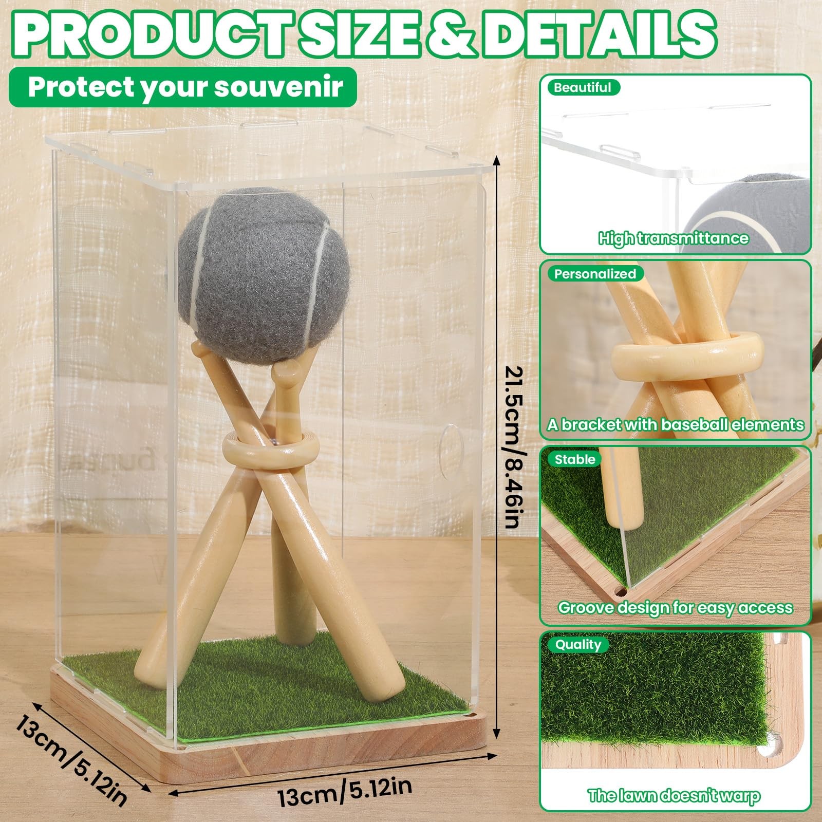 Game Ball Display Case with Baseball Holders for Display, Wooden Base & UV Pr...