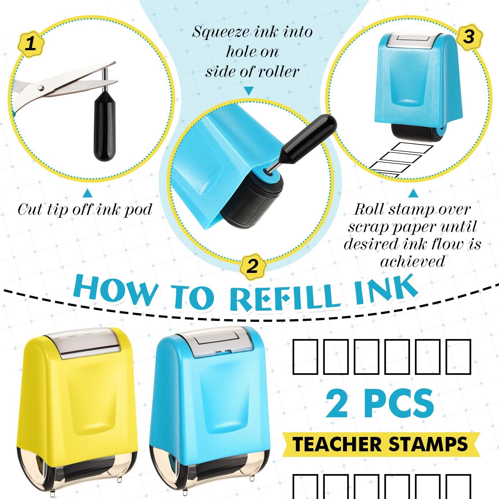 2 PCS Teacher Stamps Square Grids Dashed Lines Self Ink Practice Roller
