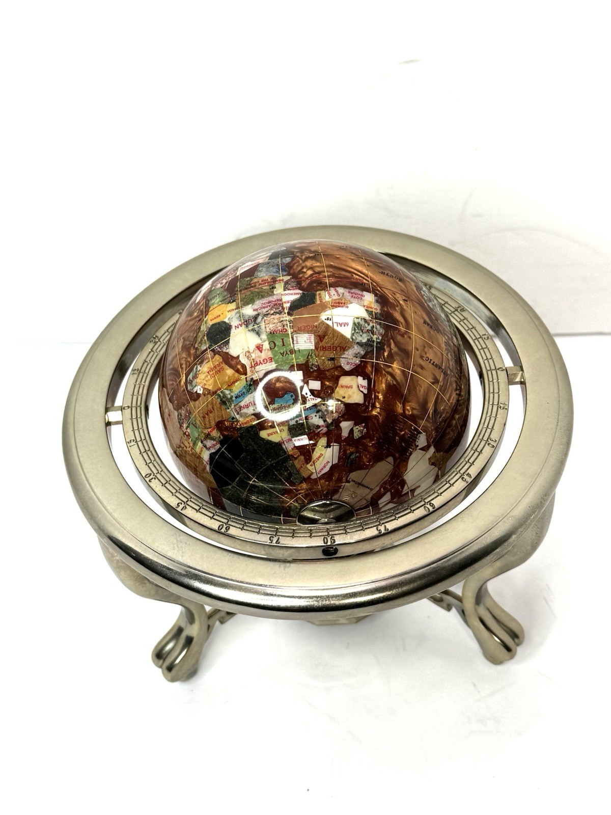 Vtg Kalifano Rotating Copper Amber Opalite Gemstone Globe Silver Stand