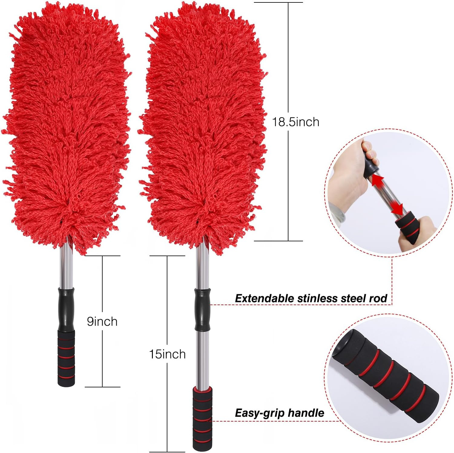 3 Pack Large Red Microfiber Car Duster Exterior Scratch Free with Extendable, Ca