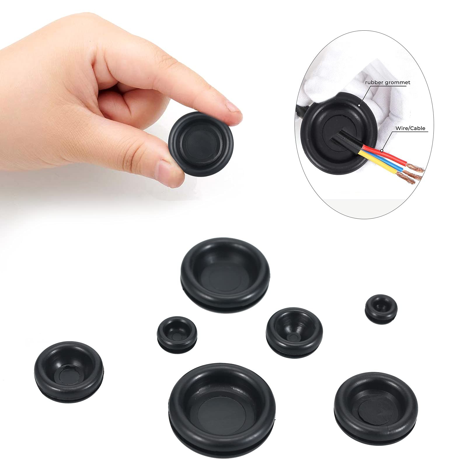 200 PCS 7 Sizes Rubber Grommet 200PCS Closed Kit, Black