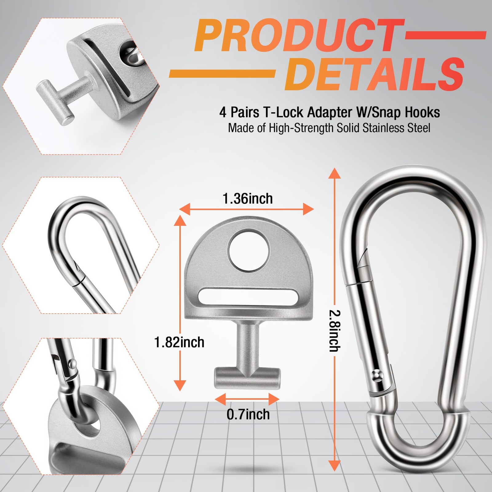 4 Set Grey T Lock Adapter with Snap Hooks Compatible with Tonal