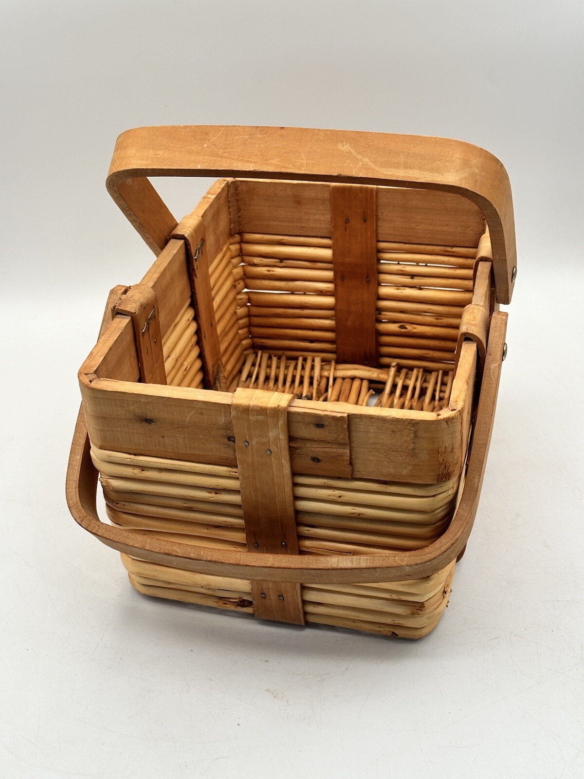Vintage Woven Wood Gathering Basket With Folding Handles