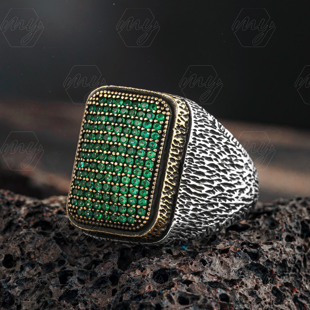 925 Sterling Silver Green Zircon Stone Turkish Style Men's Ring