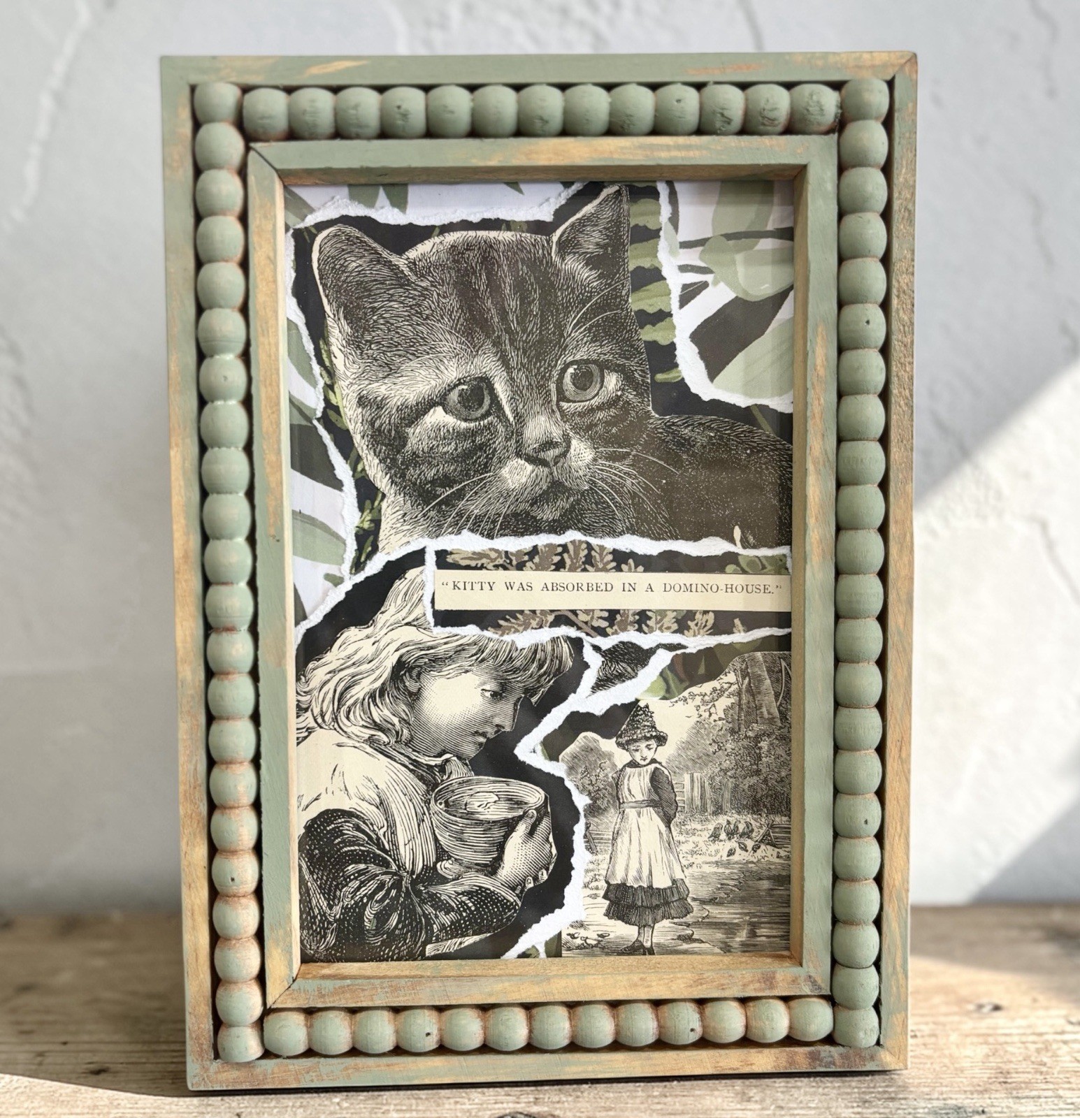 Antique 1800s Book Page Art Collage Cat Prairie Girls Green Wood Frame Decor