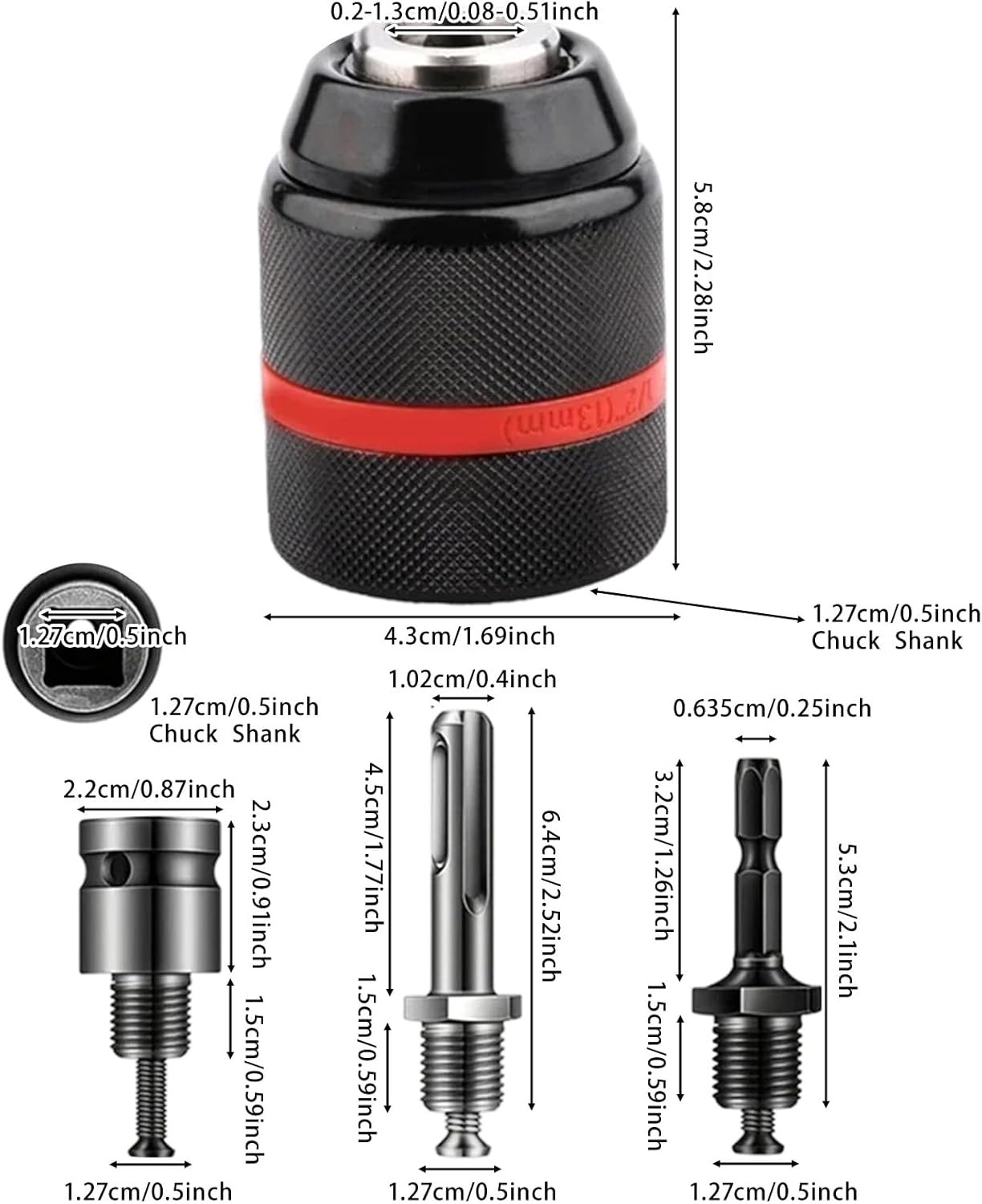 13mm Hand-Tight Self-Locking Drill Chuck with Round & Hex Shank Adapters