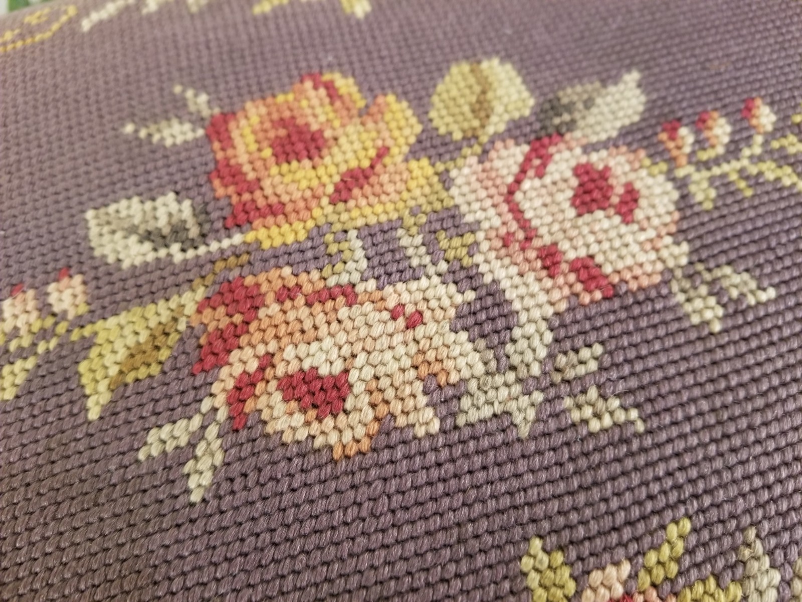 Antique Early 1900's Floral & Rose Needlepoint Wooden Footstool in Deep Mauve