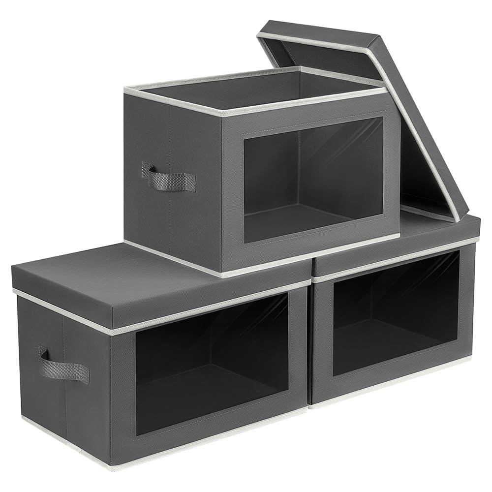 Collapsible Storage Bins with Lids, Handles, Window, 3~Pack, Dark Grey
