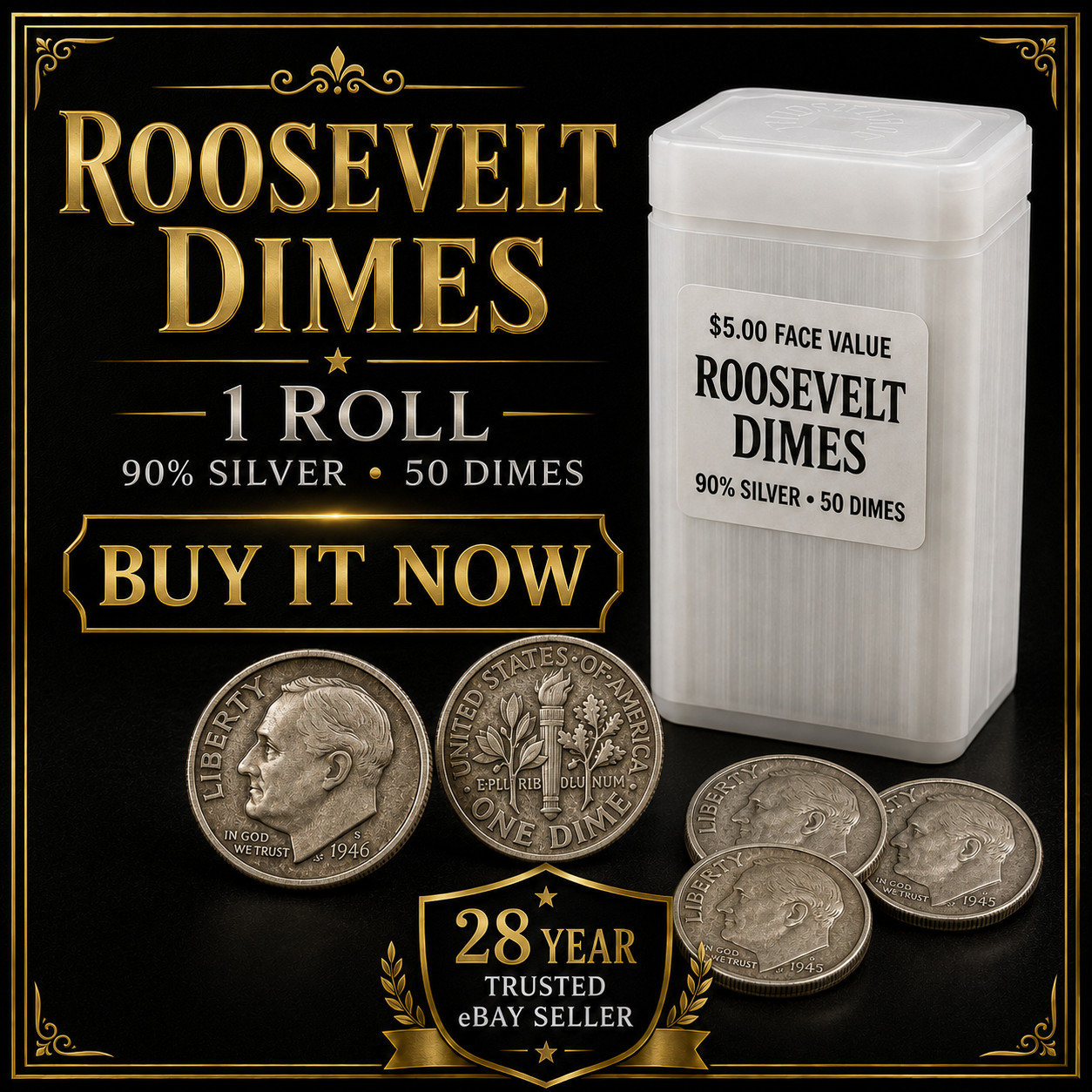 $5 Face 50 Roosevelt Silver Dimes 90% Silver Mix Dates Circulated US Coins Lot