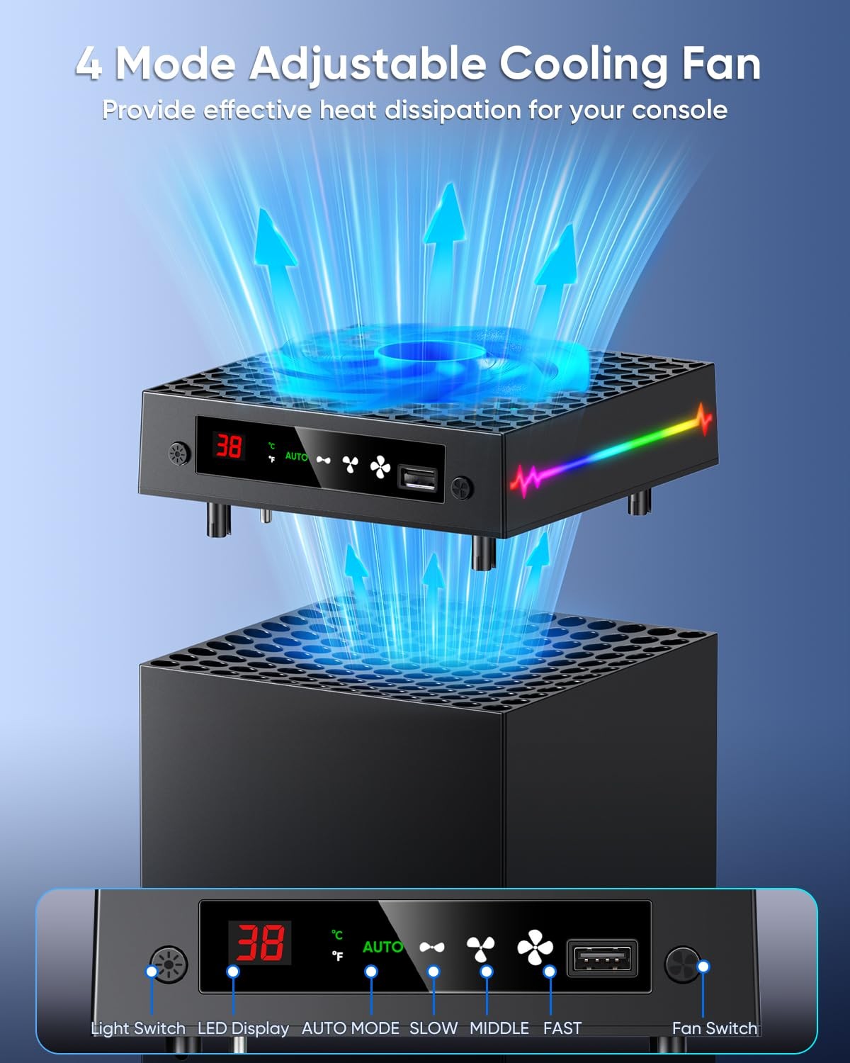 LED Display Cooling Fan Xbox X 9 RGB Adjustable Temp Cooler Light Switch