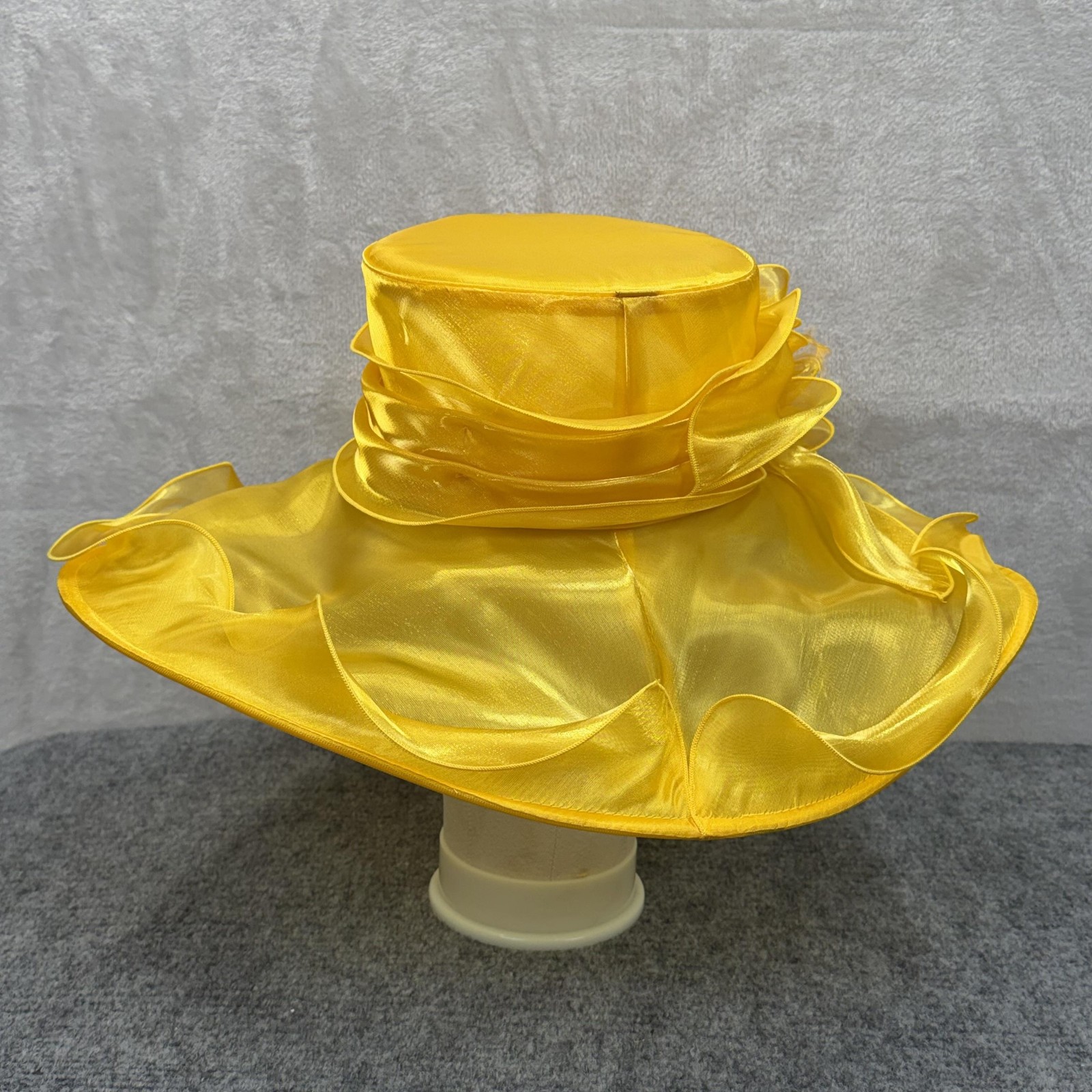 Derby Hat Sun Womens Adjustable Yellow Organza Sheer Wide Brim Ruffle Church NWT