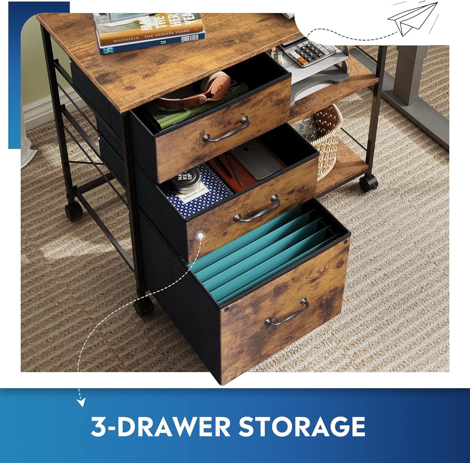 3 Drawer Mobile File Cabinet Rolling Printer Stand W/ Open Storage Shelf Office