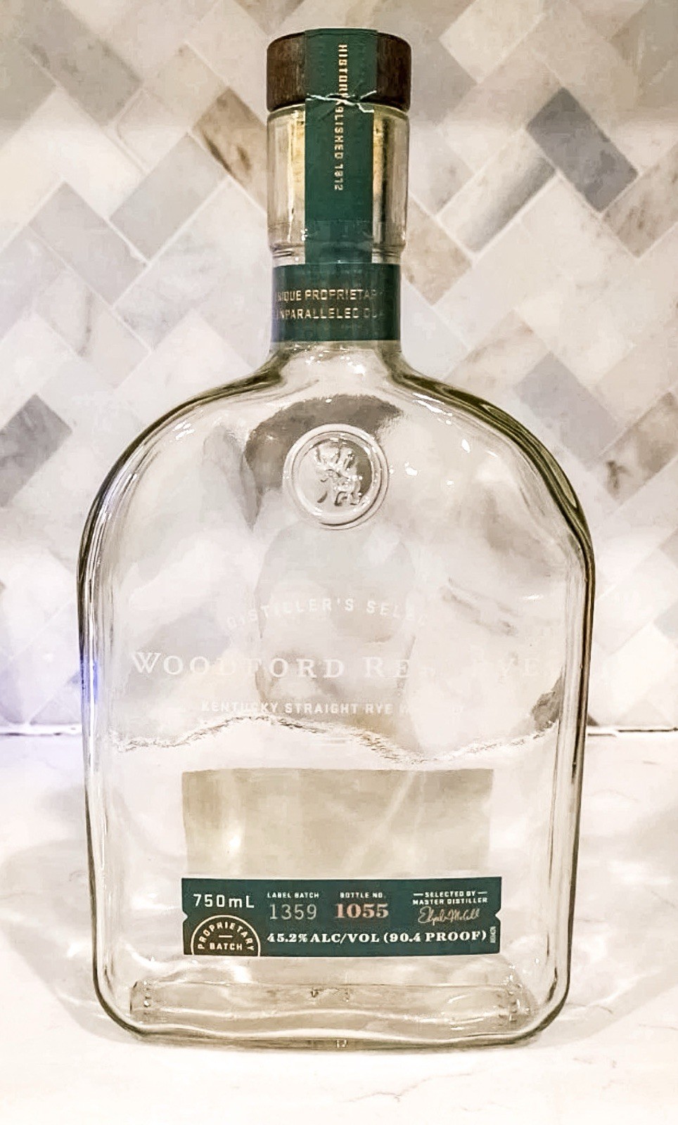 Woodford Reserve Rye Whiskey Clear Glass Bottle Empty w/ Cork Top 750 ml