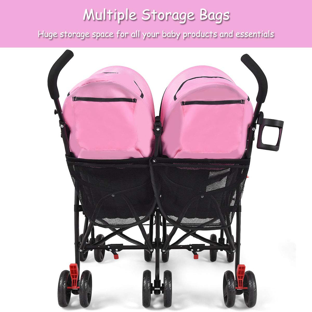 HOMGX Lightweight Double Stroller - Compact & Easy Fold for Travel, Pink