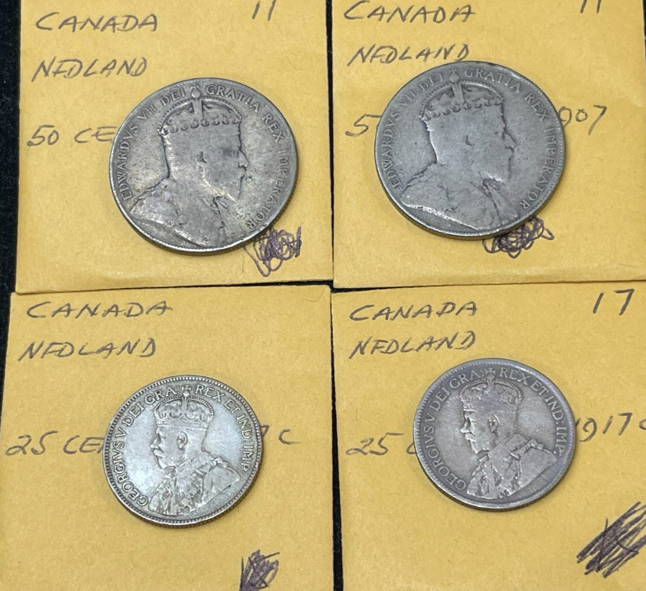 Early Canada Newfoundland 25 & 50 Cents 4 Silver Coins Lot
