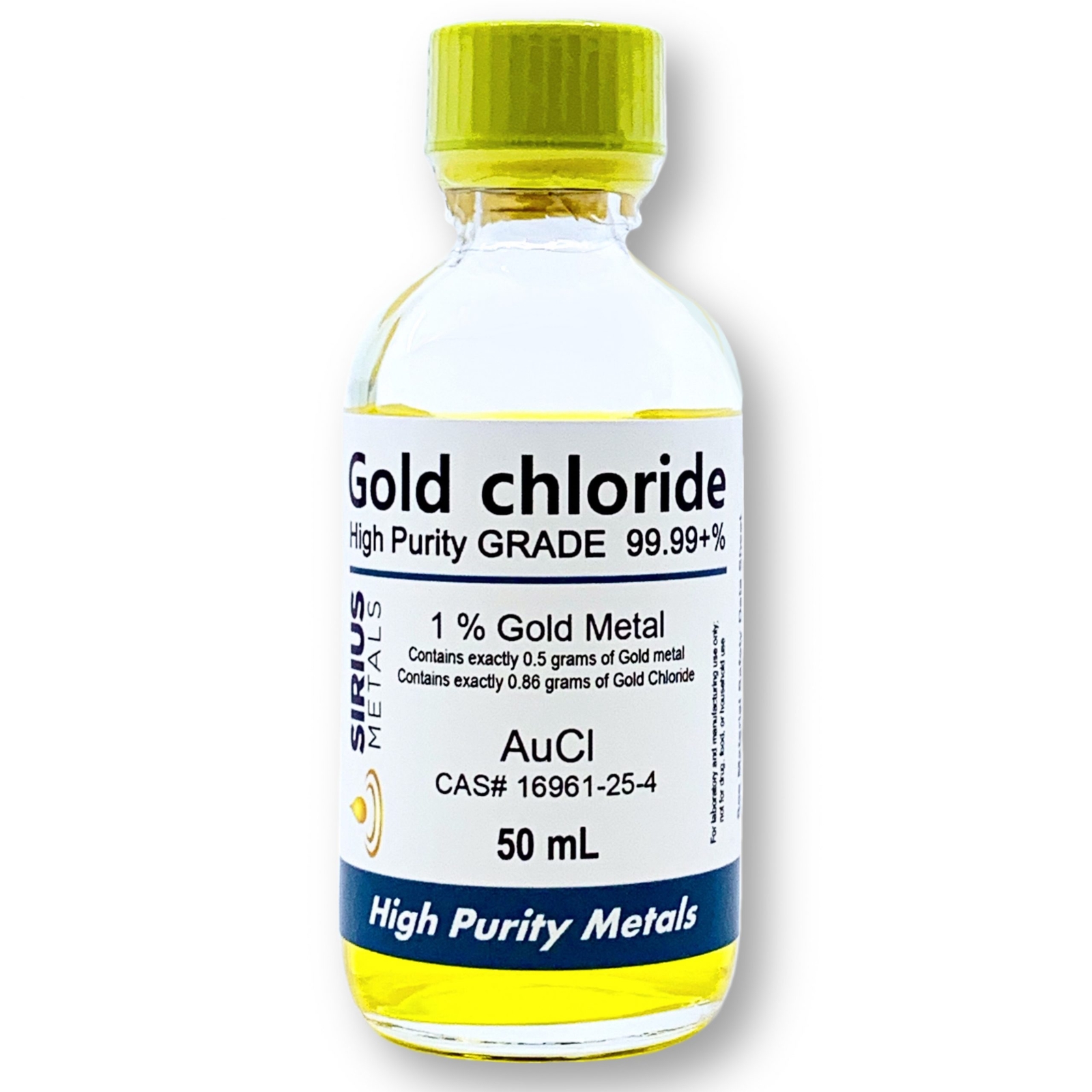 Gold Chloride - 1.725% (1.0% as 99.997% pure Gold metal) -50 mL in Glass Bottle