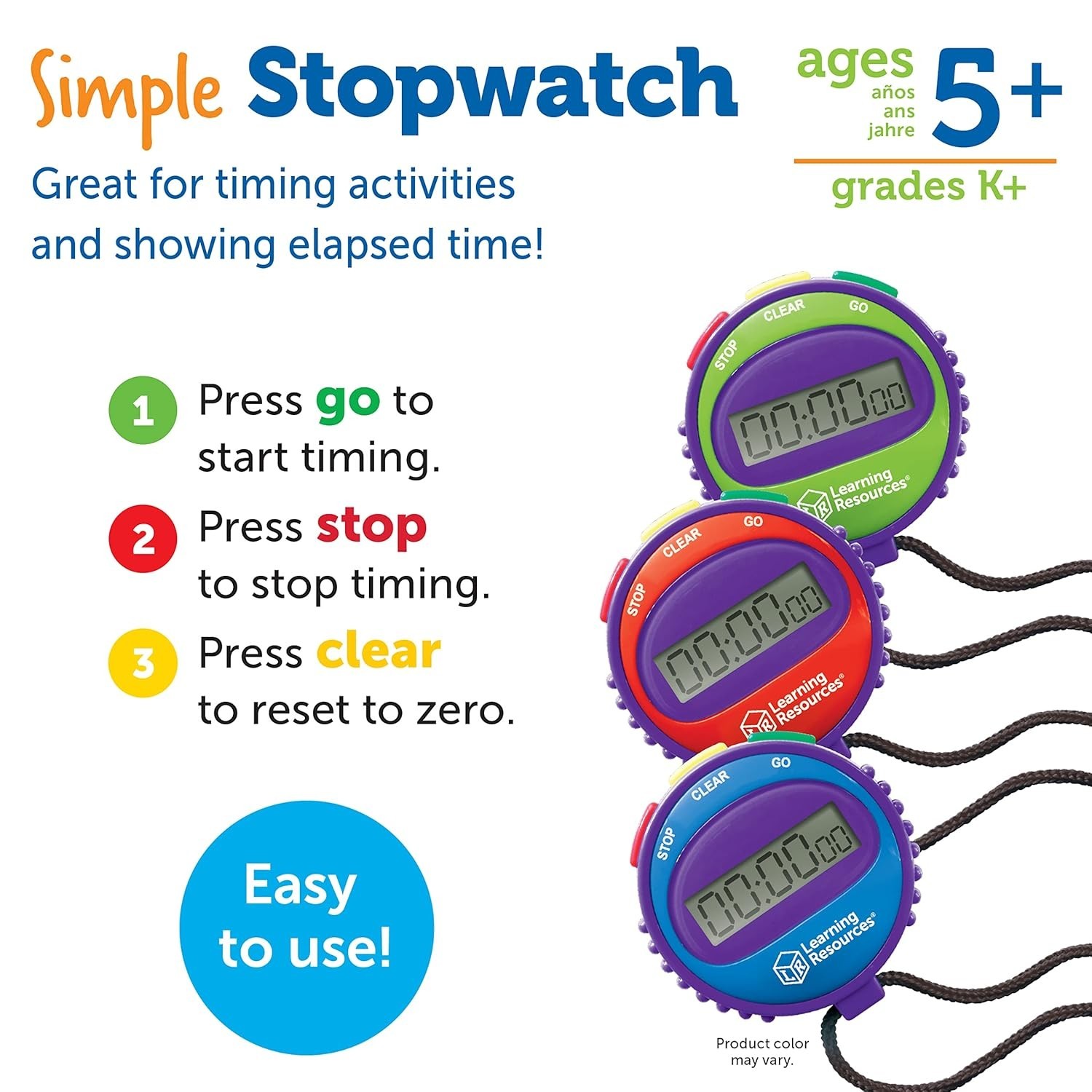 Educational Stopwatch with 3 Simple Buttons - Supports Math and Science Learning