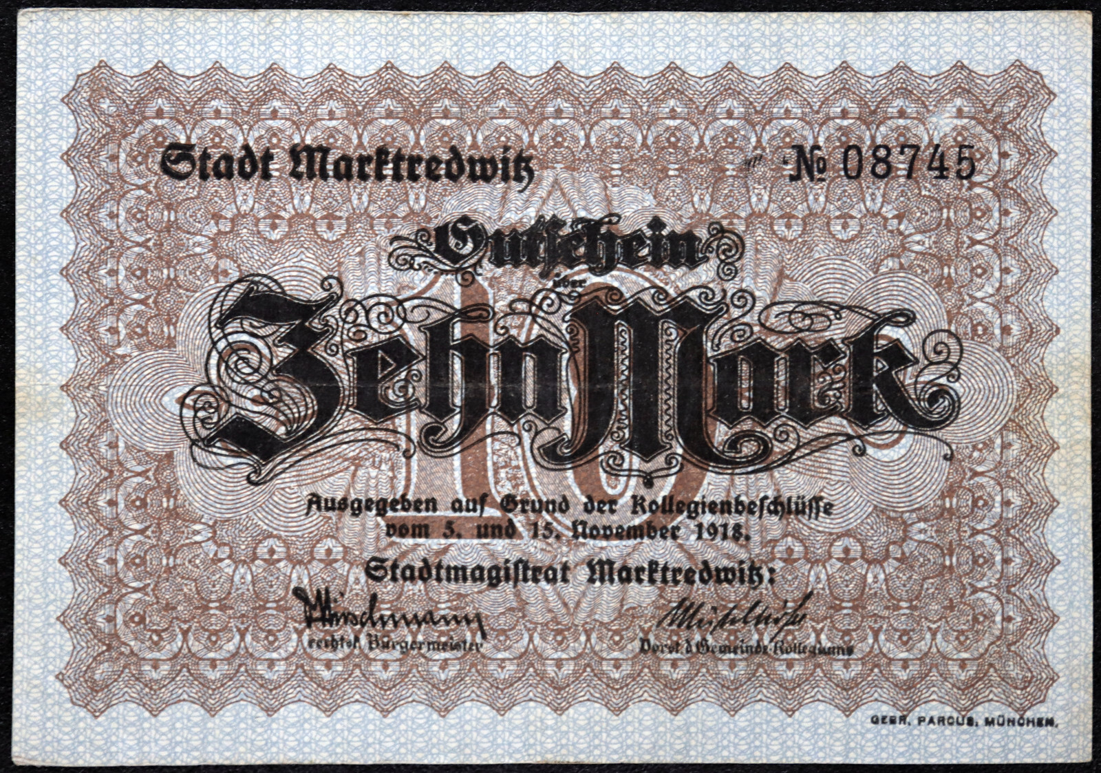 MARKTREDWITZ 1918 10 Mark Grossnotgeld German Notgeld Banknote