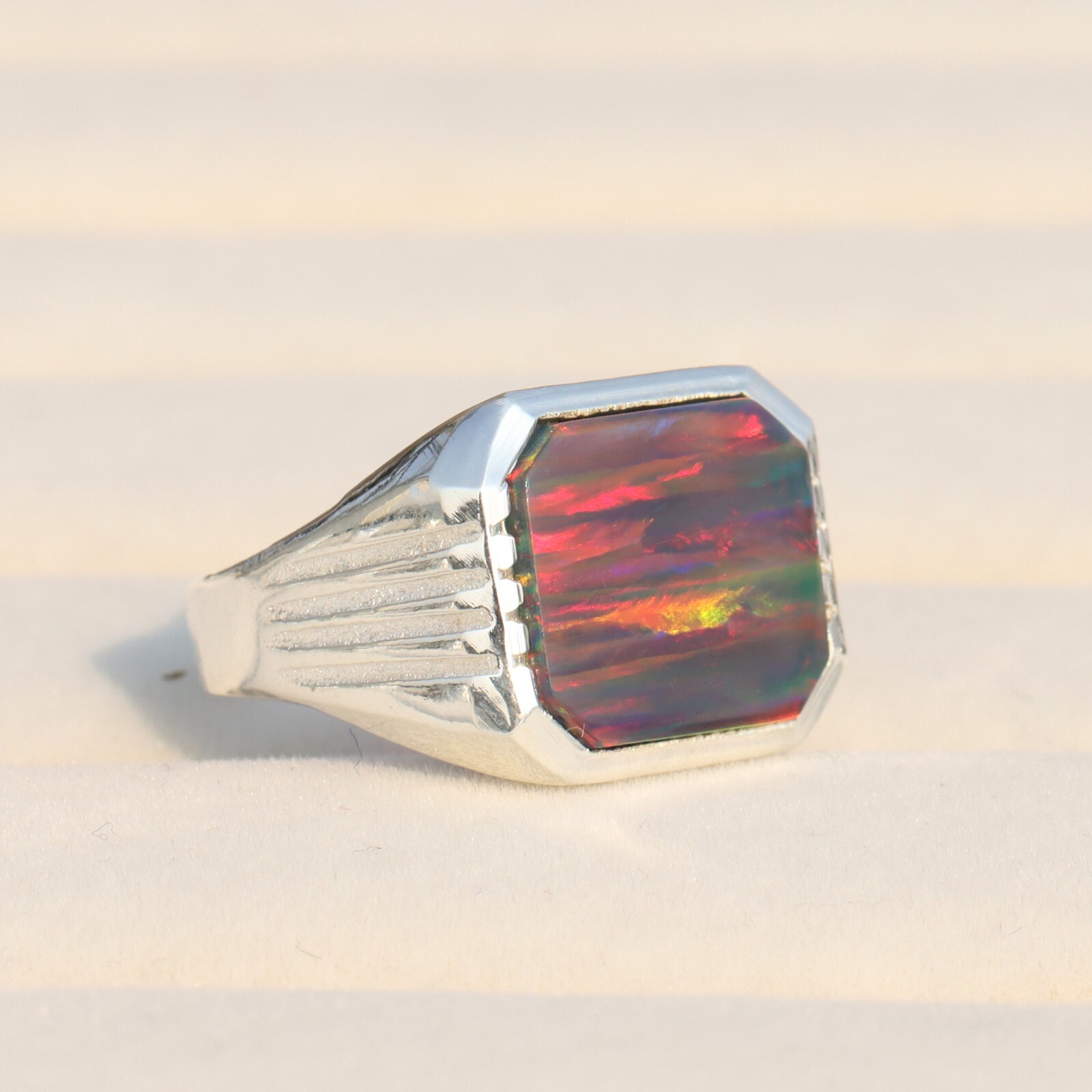 Flashy Black Fire Opal Ring, 925 Sterling Silver Signet Ring, Men's Ring For Her