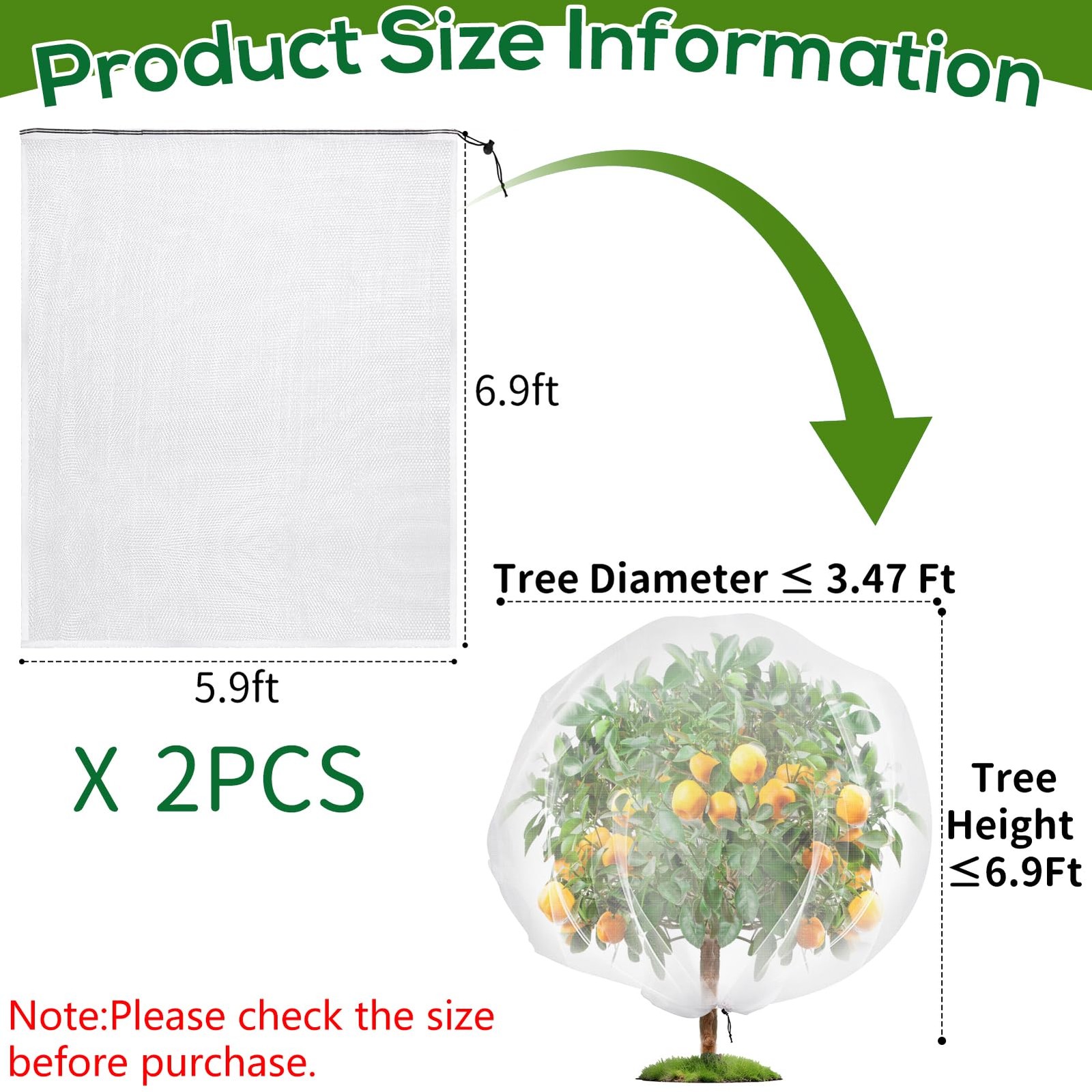 2PCS Fruit Tree Netting with Drawstring, 7 x 6ft 6 x 7FT/2Pack, White
