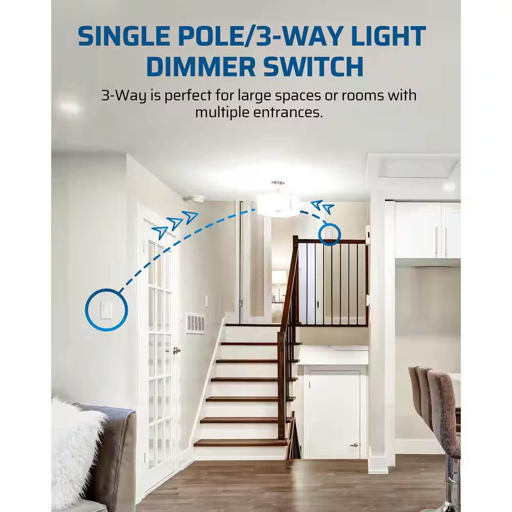 White On/Off Rocker Switch, Single-Pole/3-Way Dimmer Switch for CFL, Halogen, In