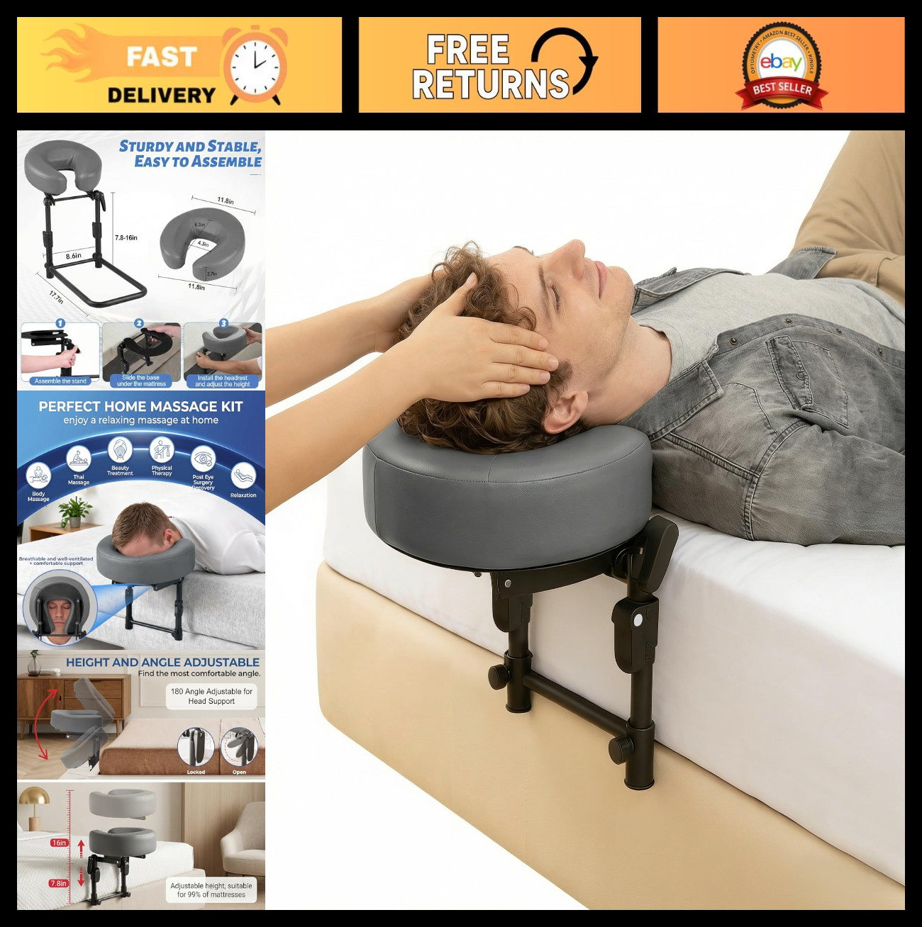 Adjustable Foldable Massage Headrest - Memory Foam Face Cradle for Bed, Portable