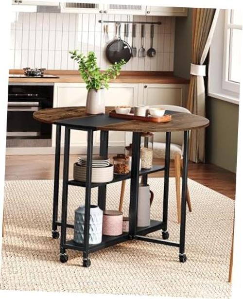 Folding Dining Table, Kitchen Table with 6 Wheels, Folding Round Table with 2