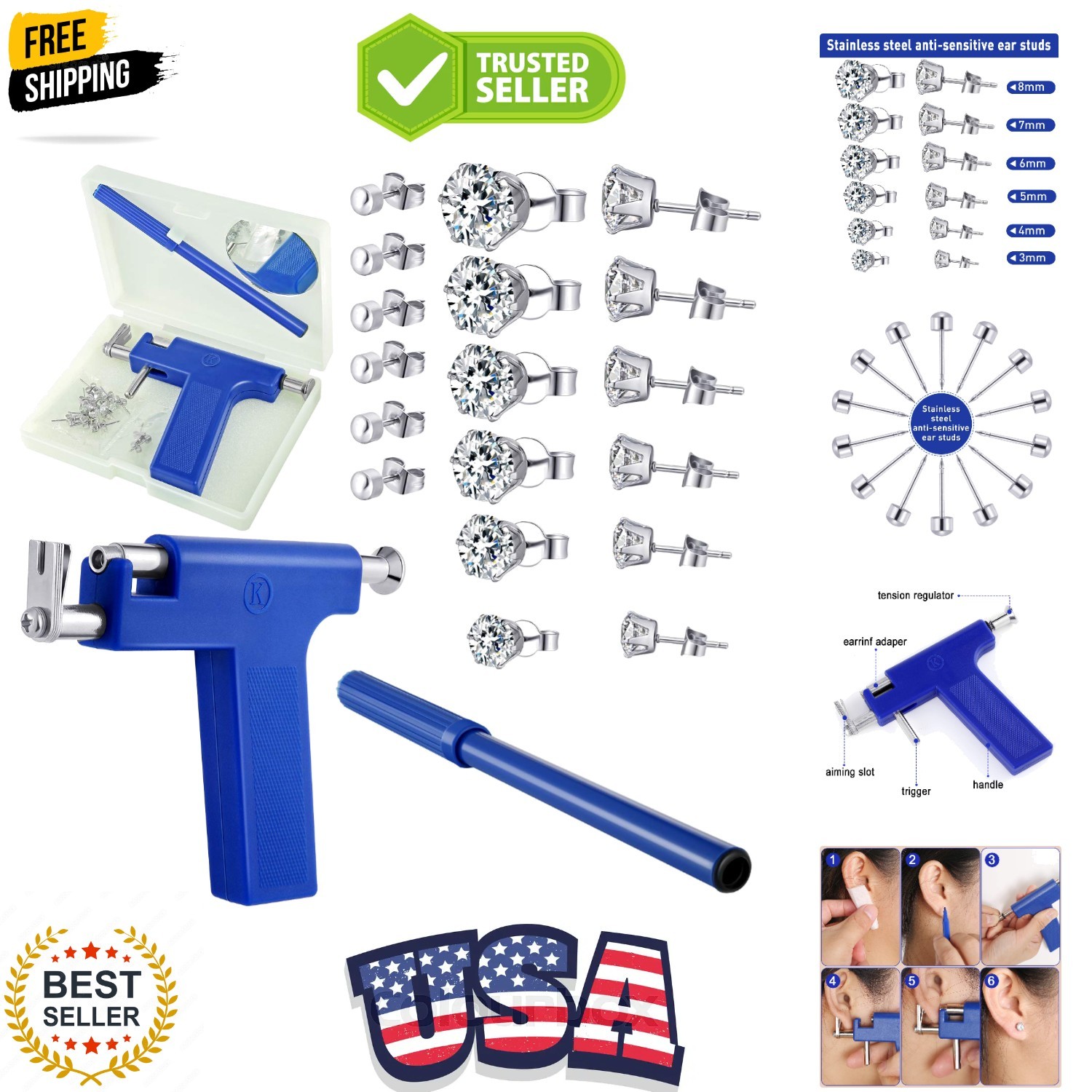 Ear Piercing Gun Kit Professional Ear Piercing Machine with 12 Pairs stainles...