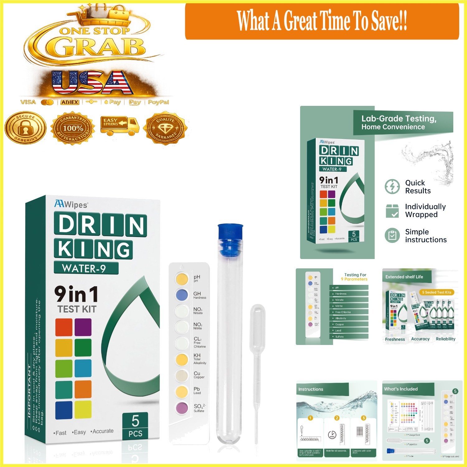 Water Testing Kit 9 in 1 5 Strips for Drinking Water pH Hardness Lead Nitrate...