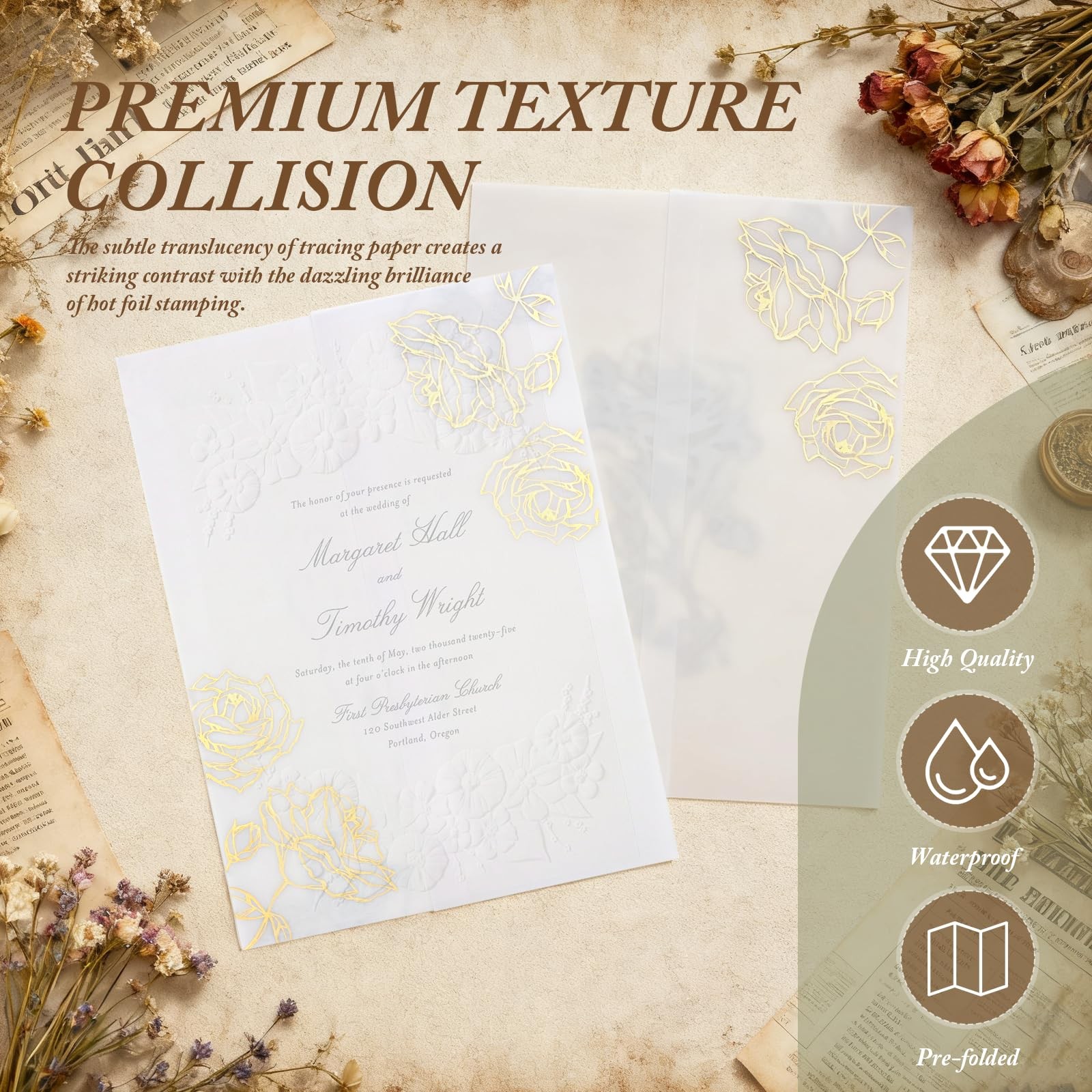 70 PCS Vellum Jackets 5x7 Invitations Pre Folded Paper Translucent Wraps
