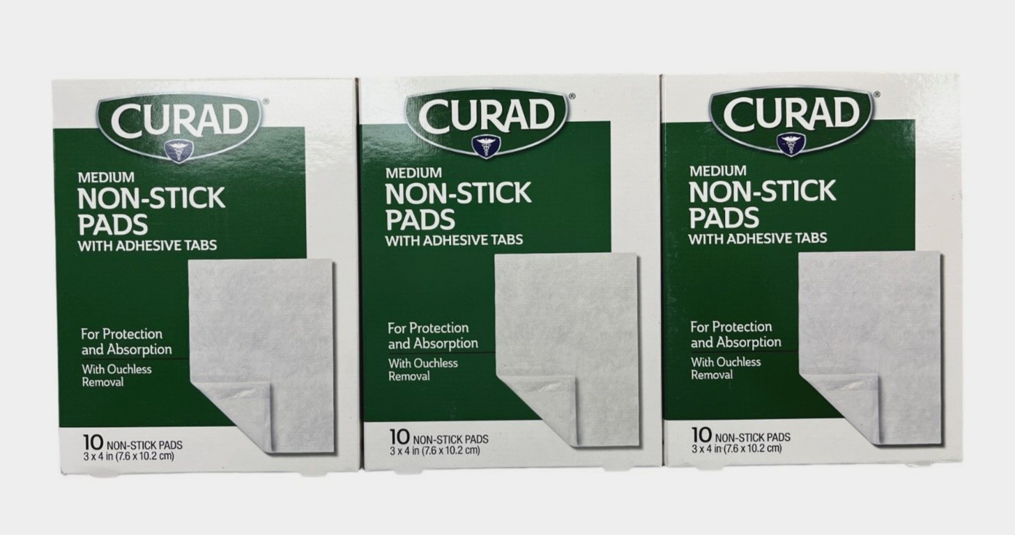 CURAD Non Stick Pads w/ ADHESIVE TABS 3 x 4 in  10ct ea ( 3 boxes )