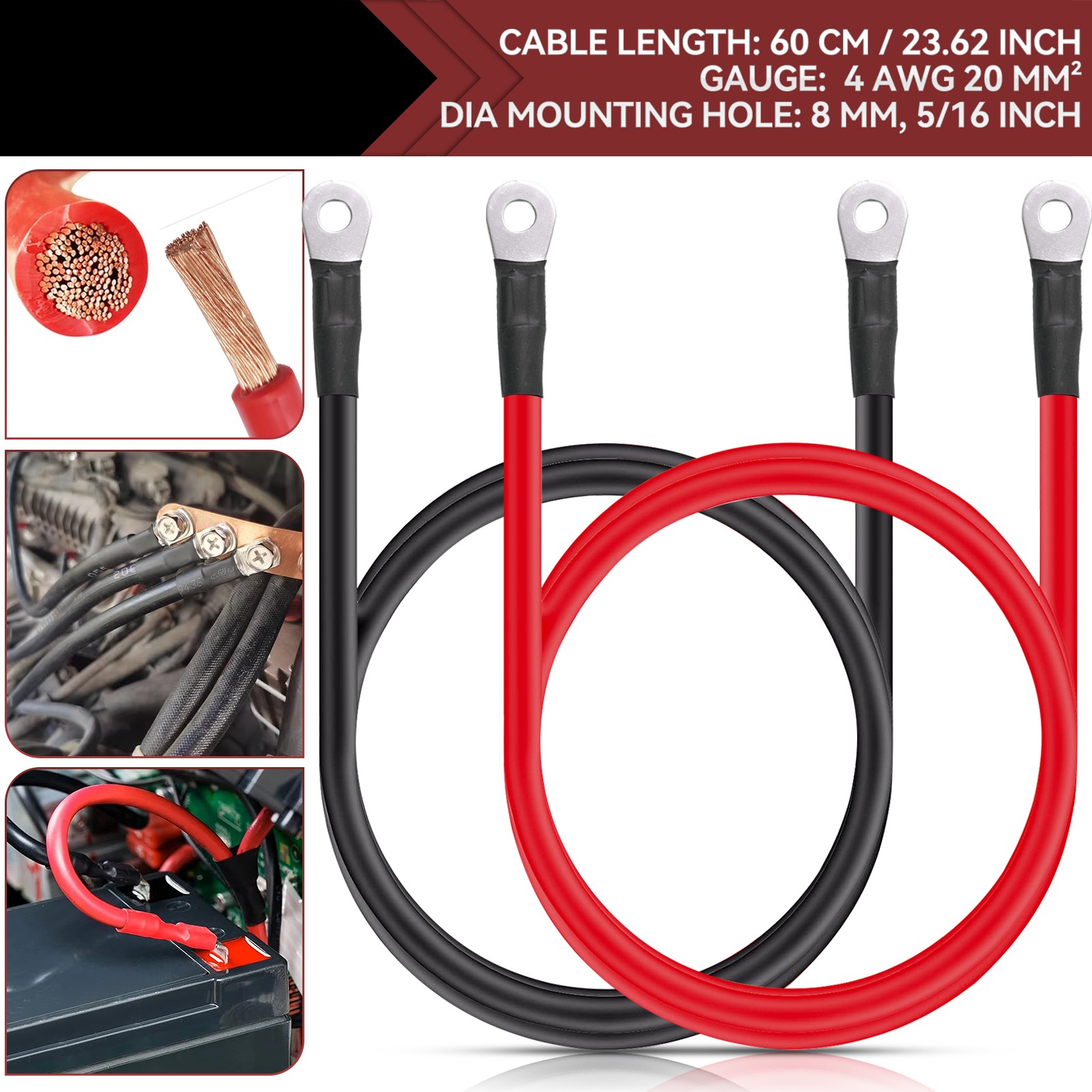 23.6Inch 4AWG Gauge Red Black Battery Cables Set Power Inverter Wire For Car RV