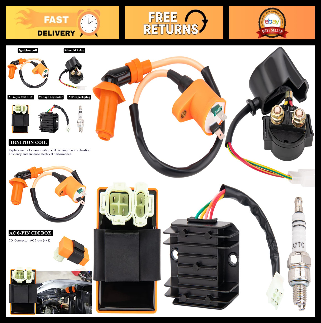 High-Performance GY6 150cc Ignition Coil Kit for ATV, Go Kart, Moped, Scooter -