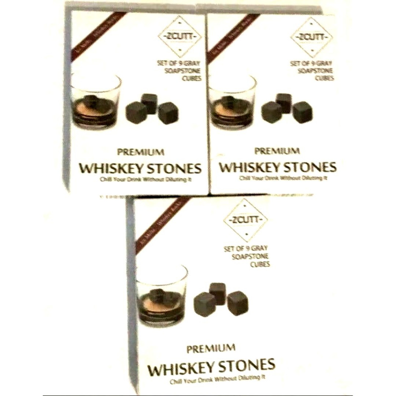 3-Pack, ZCUTT Premium Whiskey Stones (Set of 9in each Box) 100% Soapstone Cubes