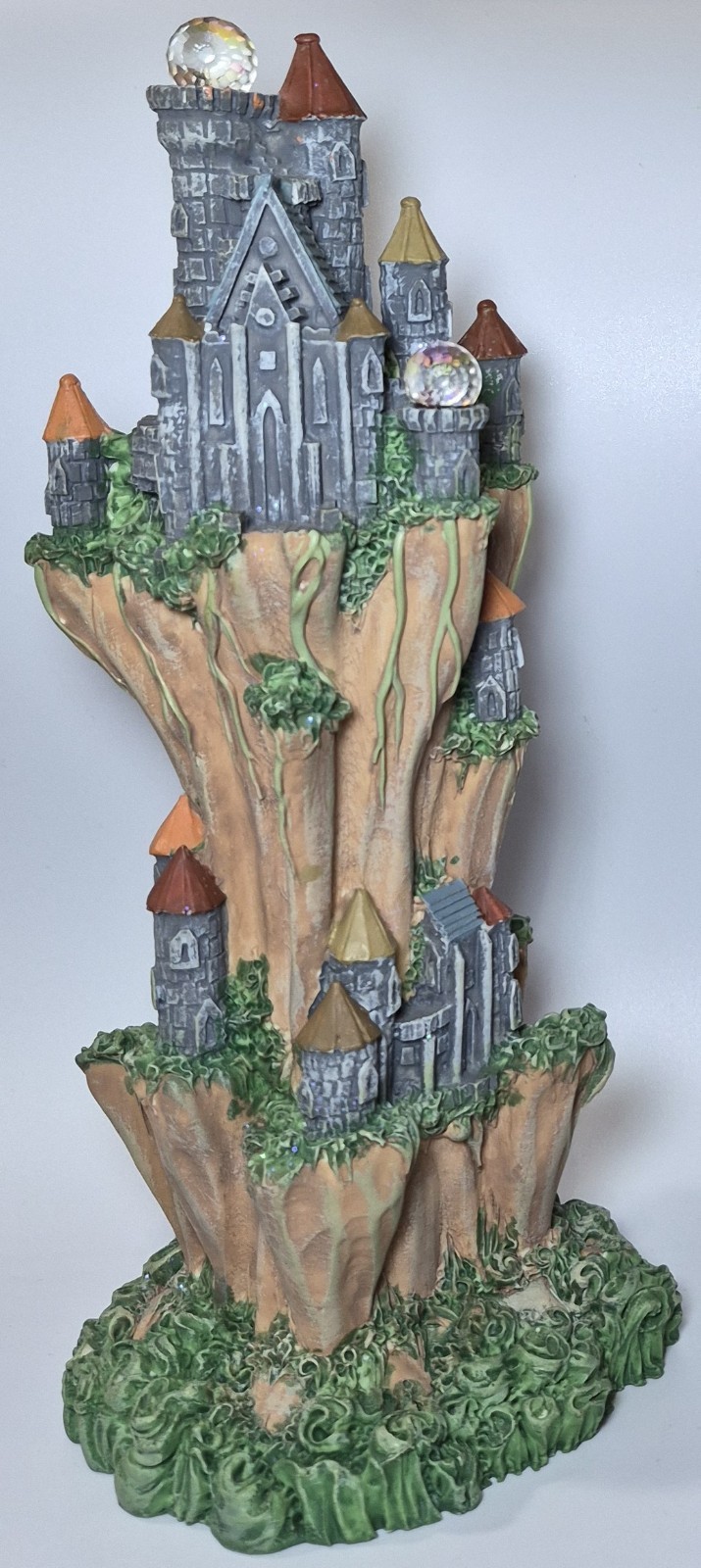 Spoontiques 9" Resin Castle Figurine on Cliff 2 Swarovski Crystal Balls Fantasy