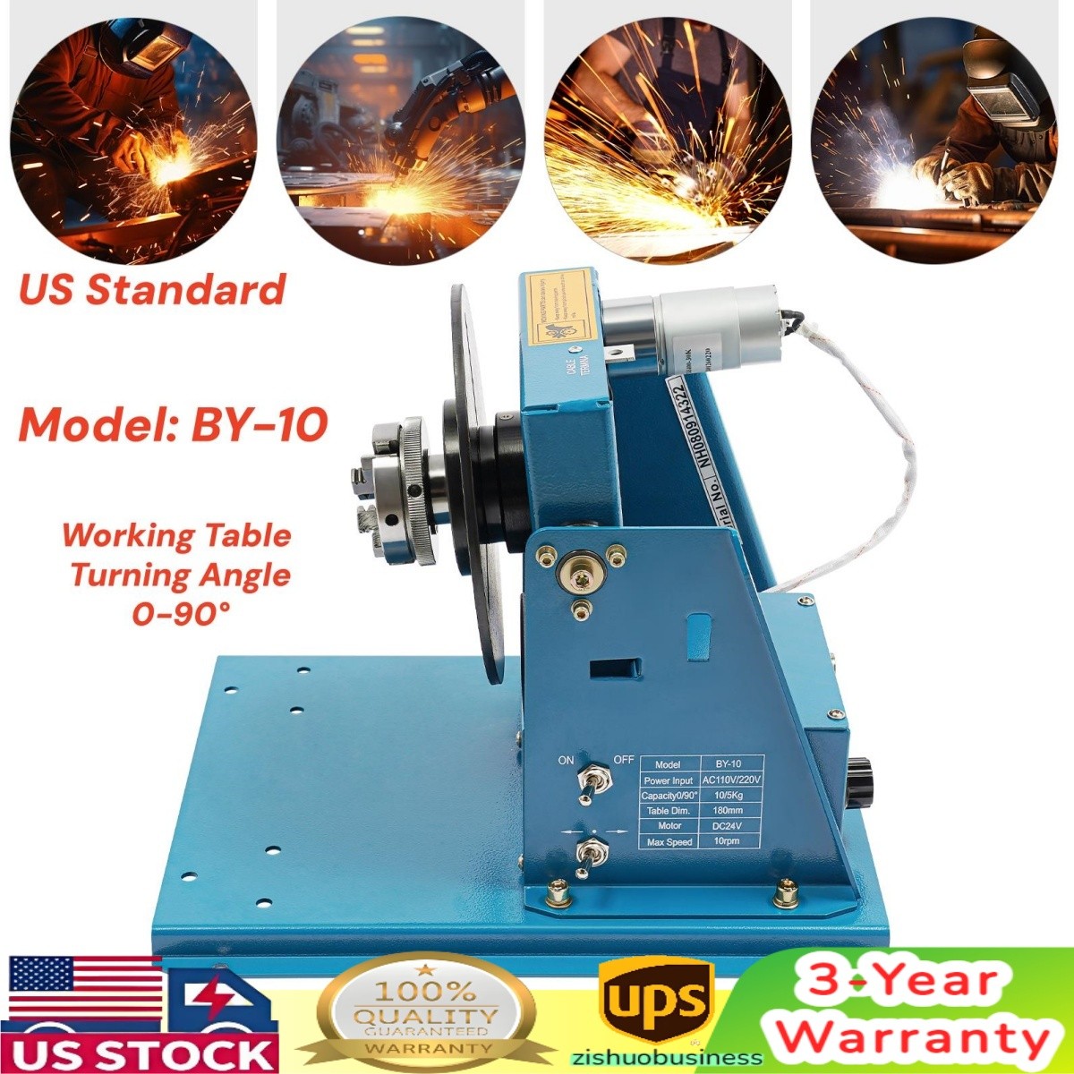 Rotary Welding Positioner 0-90° Positioning Turntable Table 10rpm 3 Jaw chuck