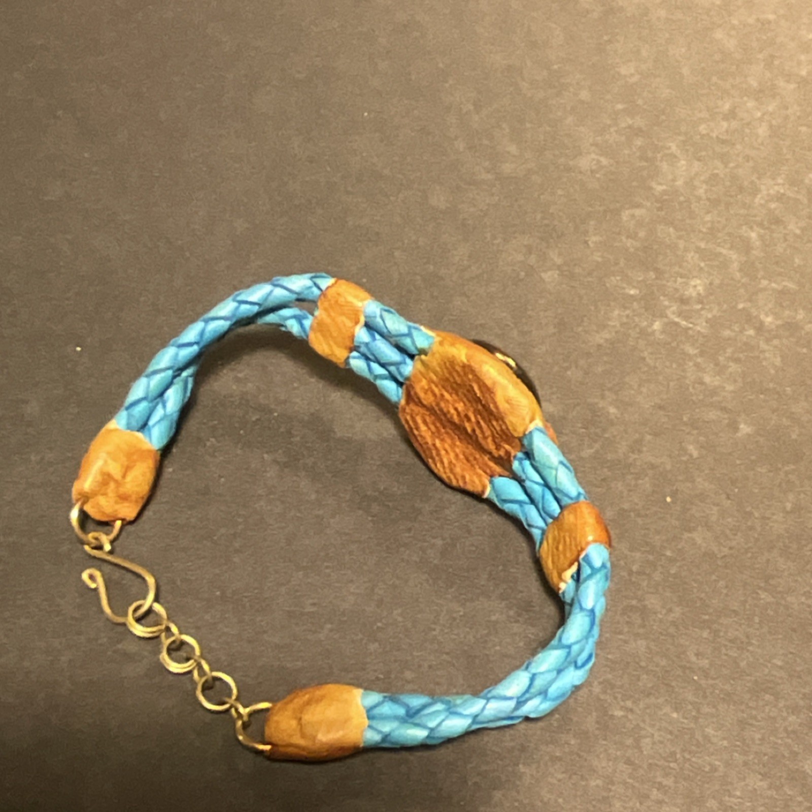 Blue Braided Leather Bracelet with Round Stone, Adjustable Hook Closure