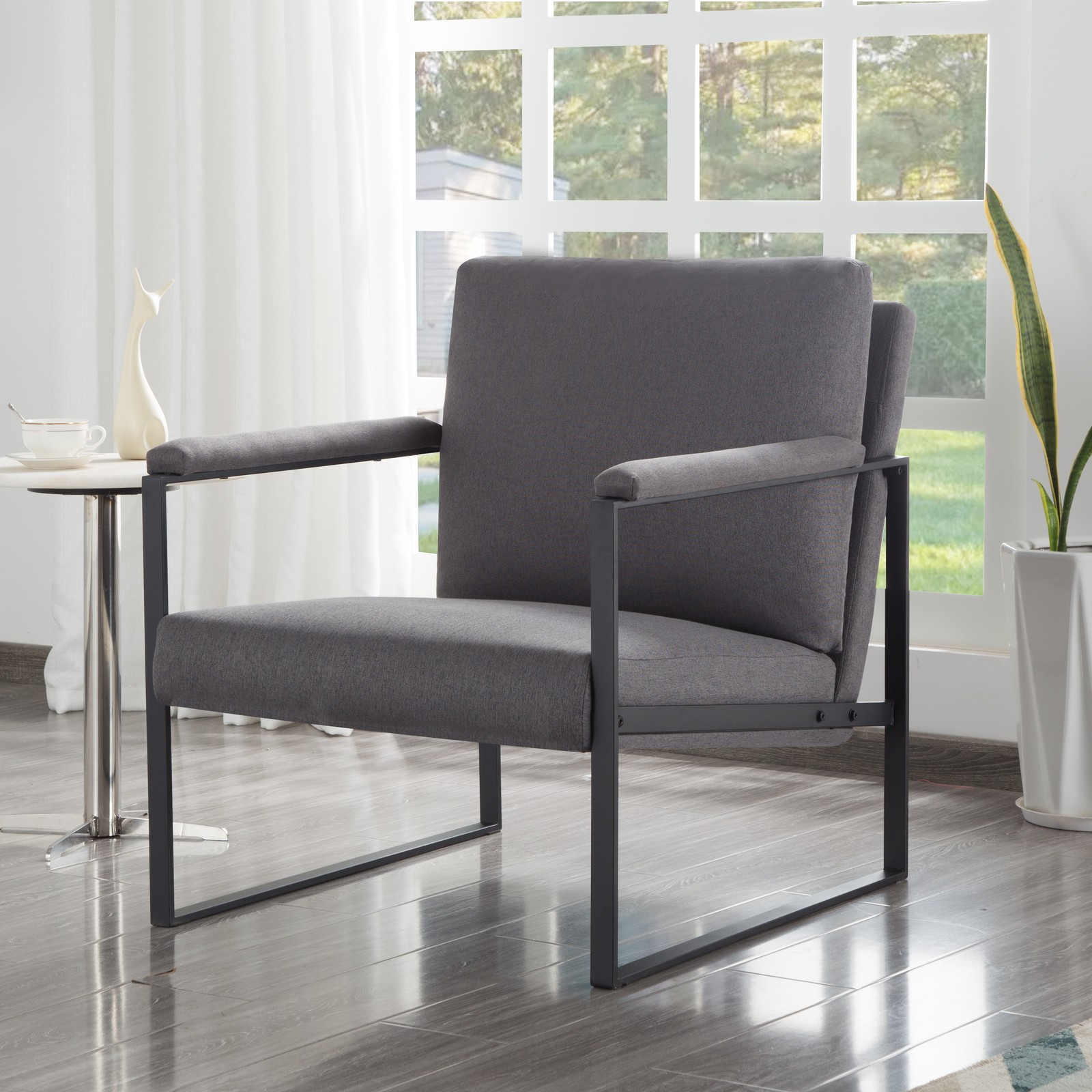 Modern Metal Frame Accent Armchair Linen Blend/Velvet Square Arm Removable Back