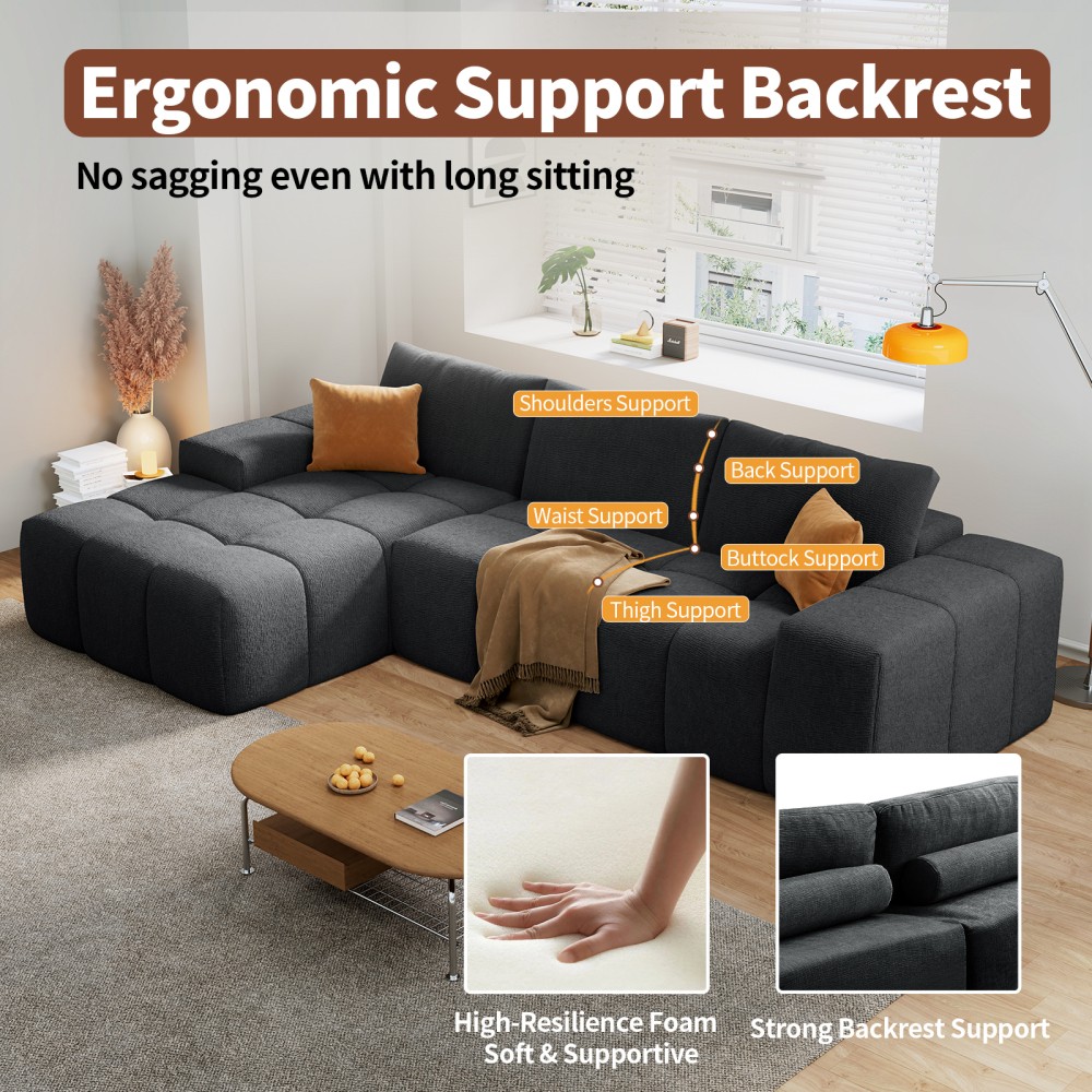 L-Shaped Modular Sofa w/ 3 Cushions, No Assembly, Soft Fabric
