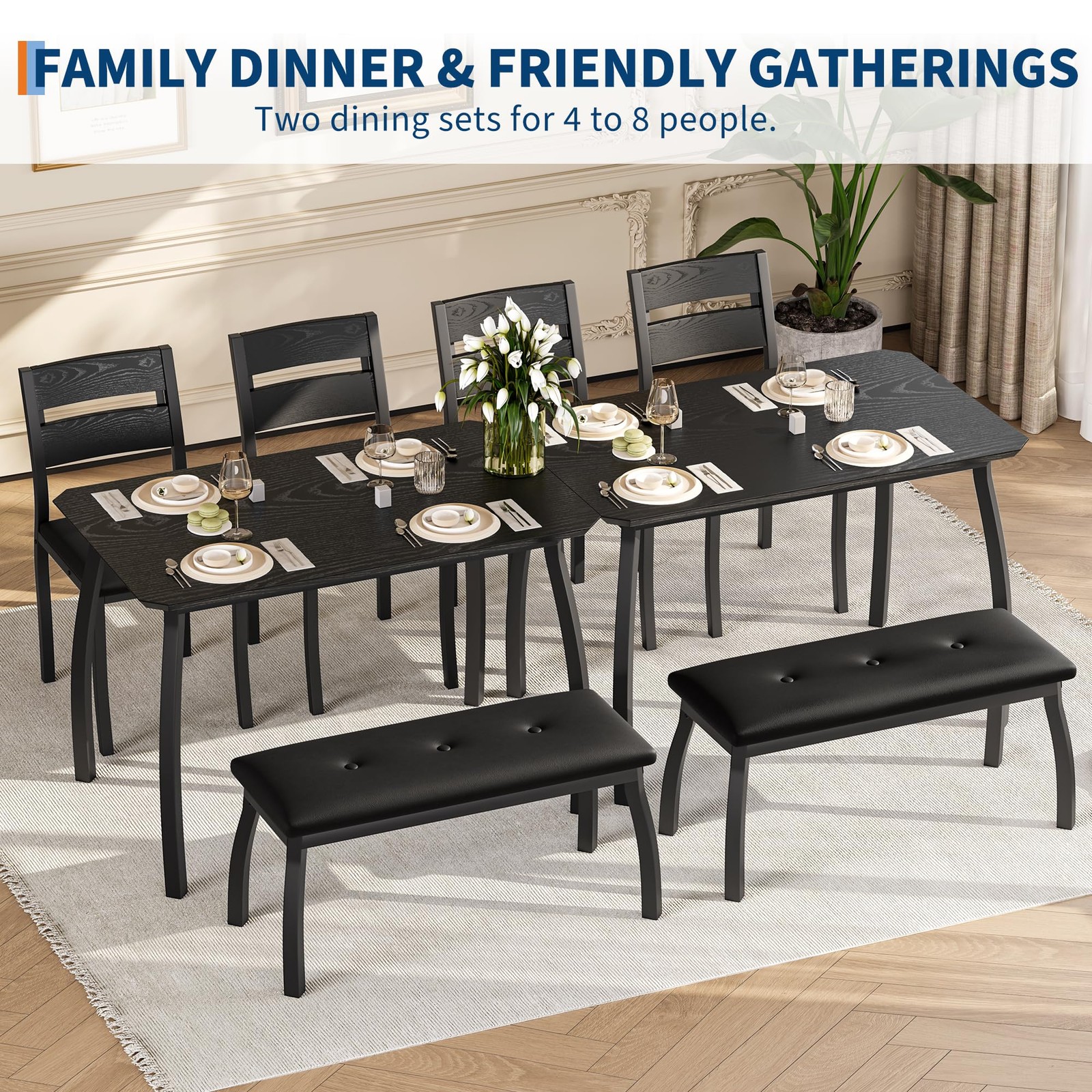43 Inch 4 Piece Kitchen Table Set with Bench & 2 Cushion Chairs for Small Studio