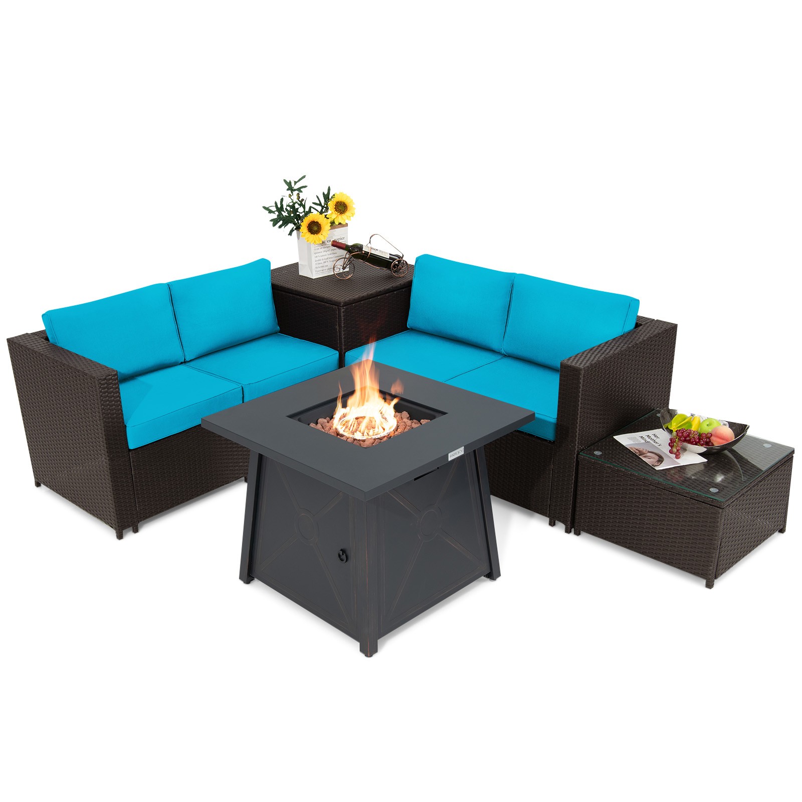 Patiojoy 5PCS Patio Rattan Furniture Set 30" Gas Fire Pit Table Cover Turquoise