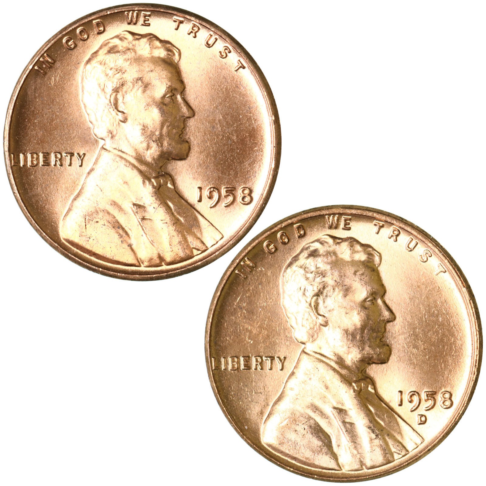 1958 P D Lincoln Wheat Cent Brilliant Uncirculated 2 Coin Year Set