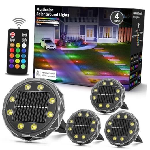 Solar Ground Lights with Remote, Color Changing Solar Disc Lights 4 Pack